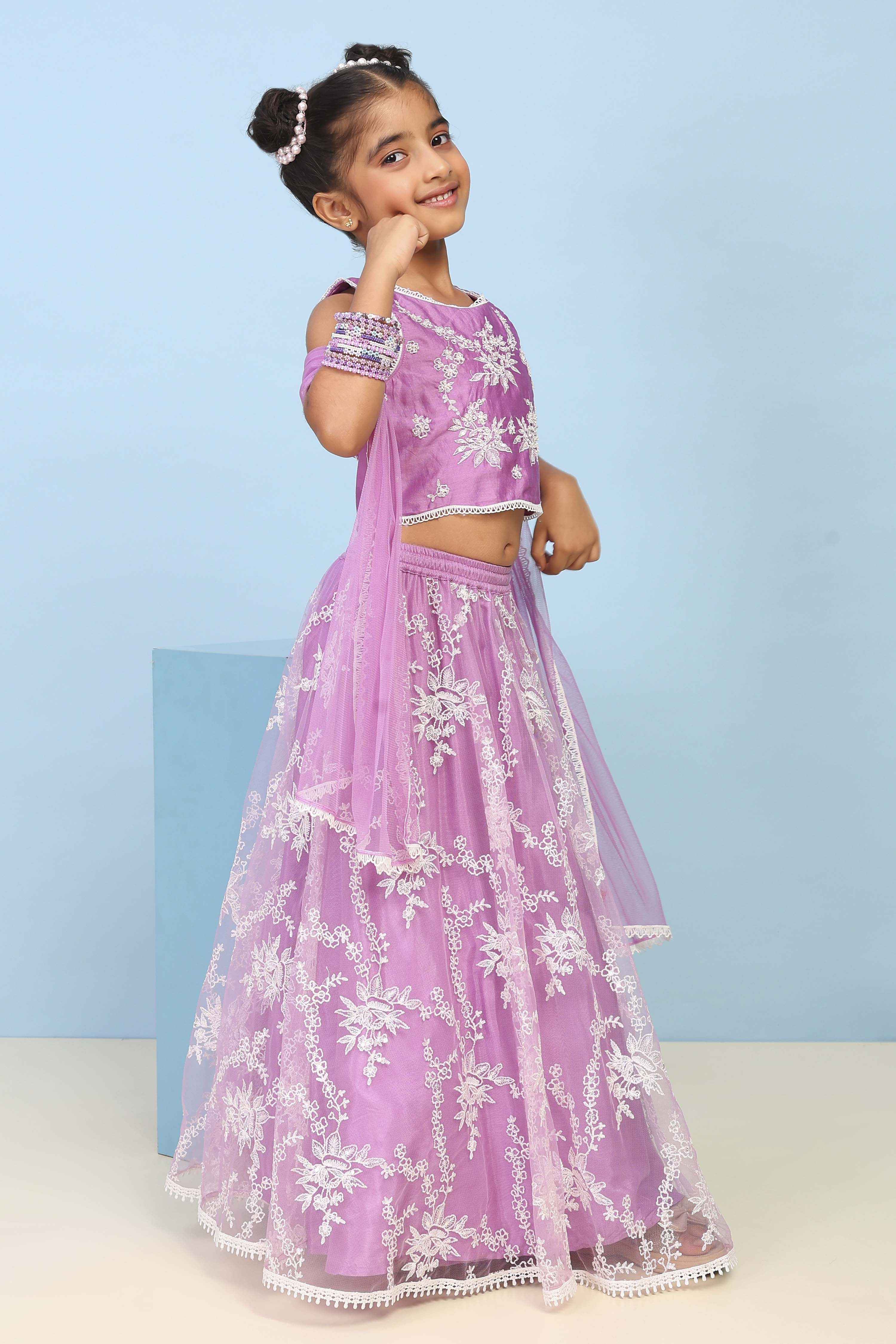 Purple Silk Chanderi Embroidered Regular Lehenga Set image number 5