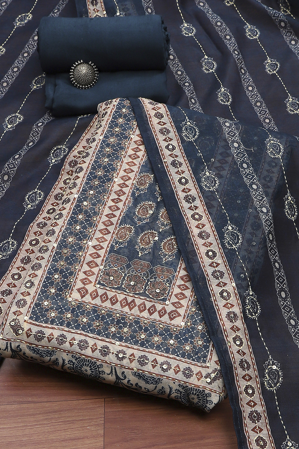 Navy Blue Chanderi Hand Embroidered Unstitched Suit Set image number 0