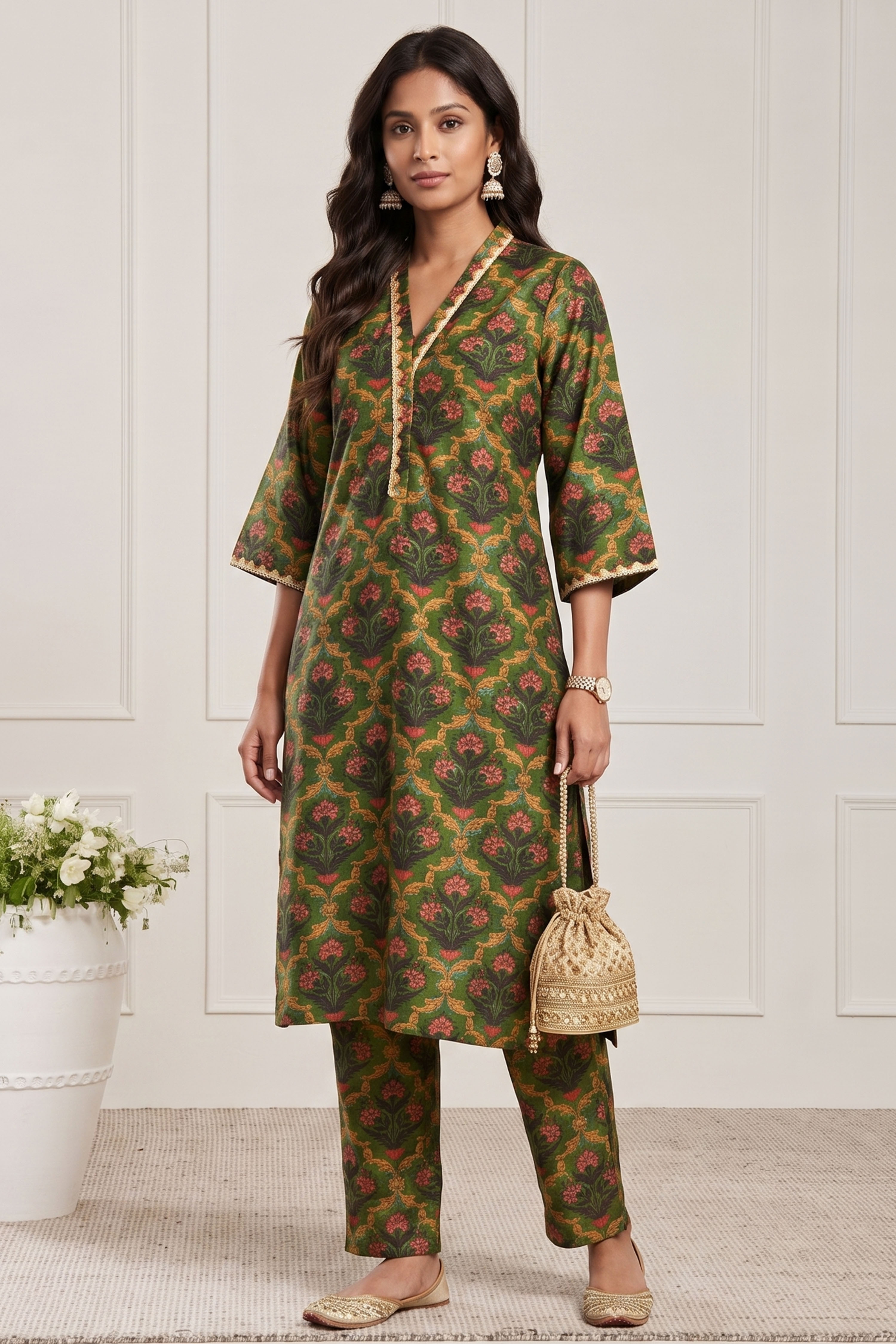 Green Poly Viscose Straight Kurta Pants Set image number 0