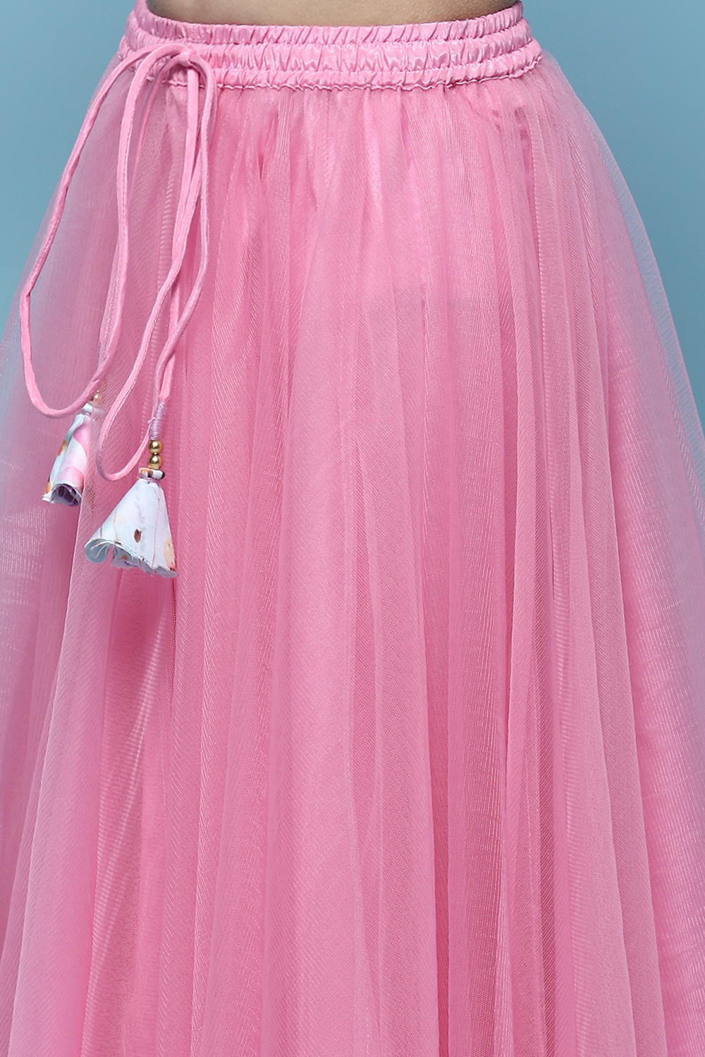 Pink Net Lehenga With Cotton Floral Blouse & Net Dupatta image number 2