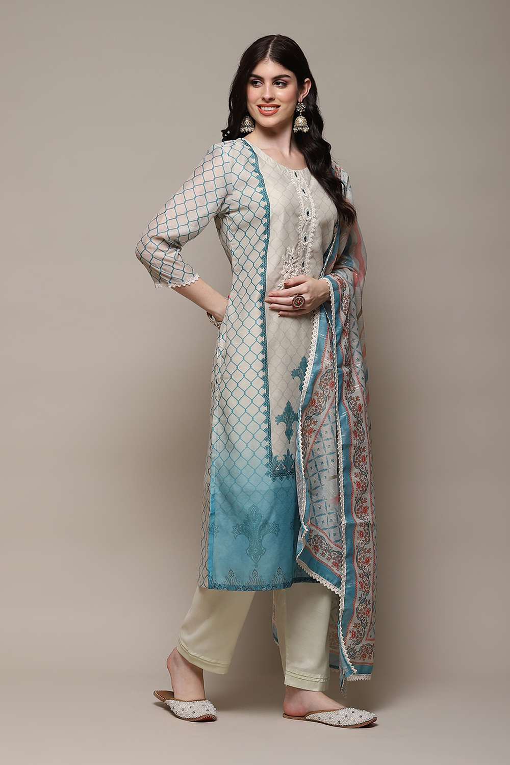 Beige Chanderi Blend Machine Embroidered Unstitched Suit Set image number 7