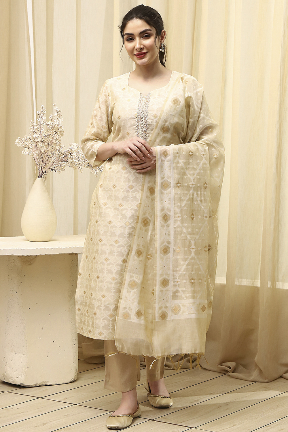 Beige Chanderi Jamdani Unstitched Suit Set image number 7