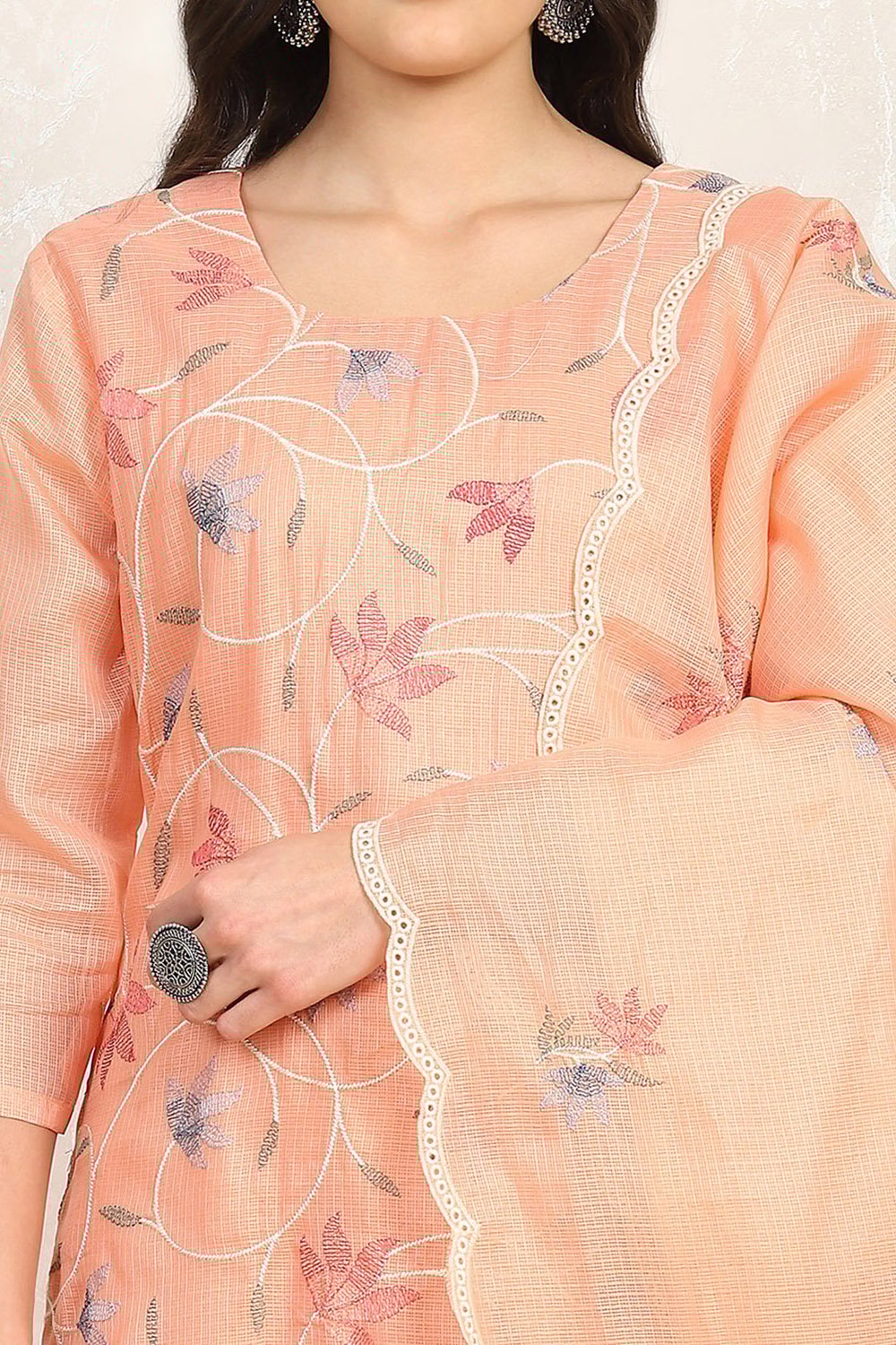 Peach Cotton Machine Embroidered Unstitched Suit Set image number 2