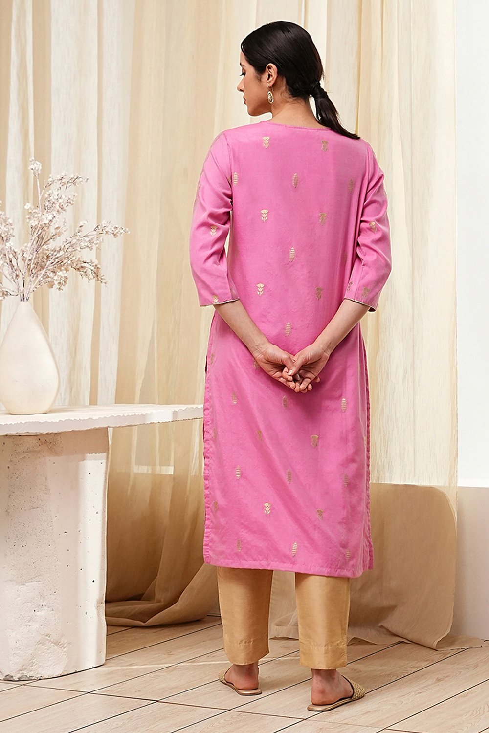 Pink Poly Cotton Straight Yarndyed Kurta image number 3