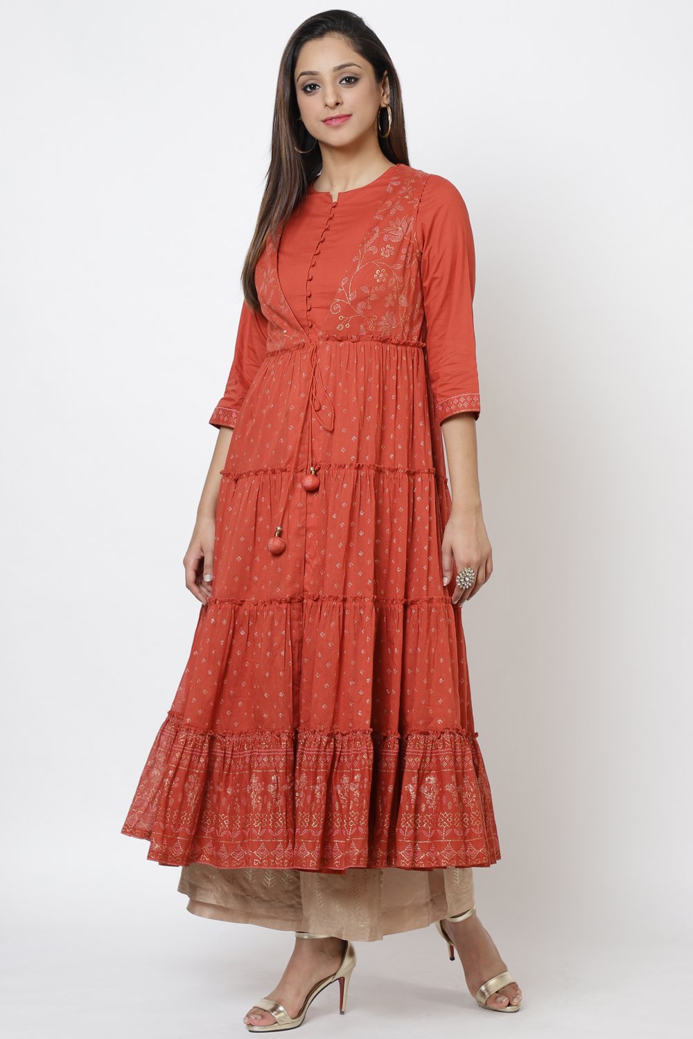 Rust Cotton Flared Printed Kurta image number 3