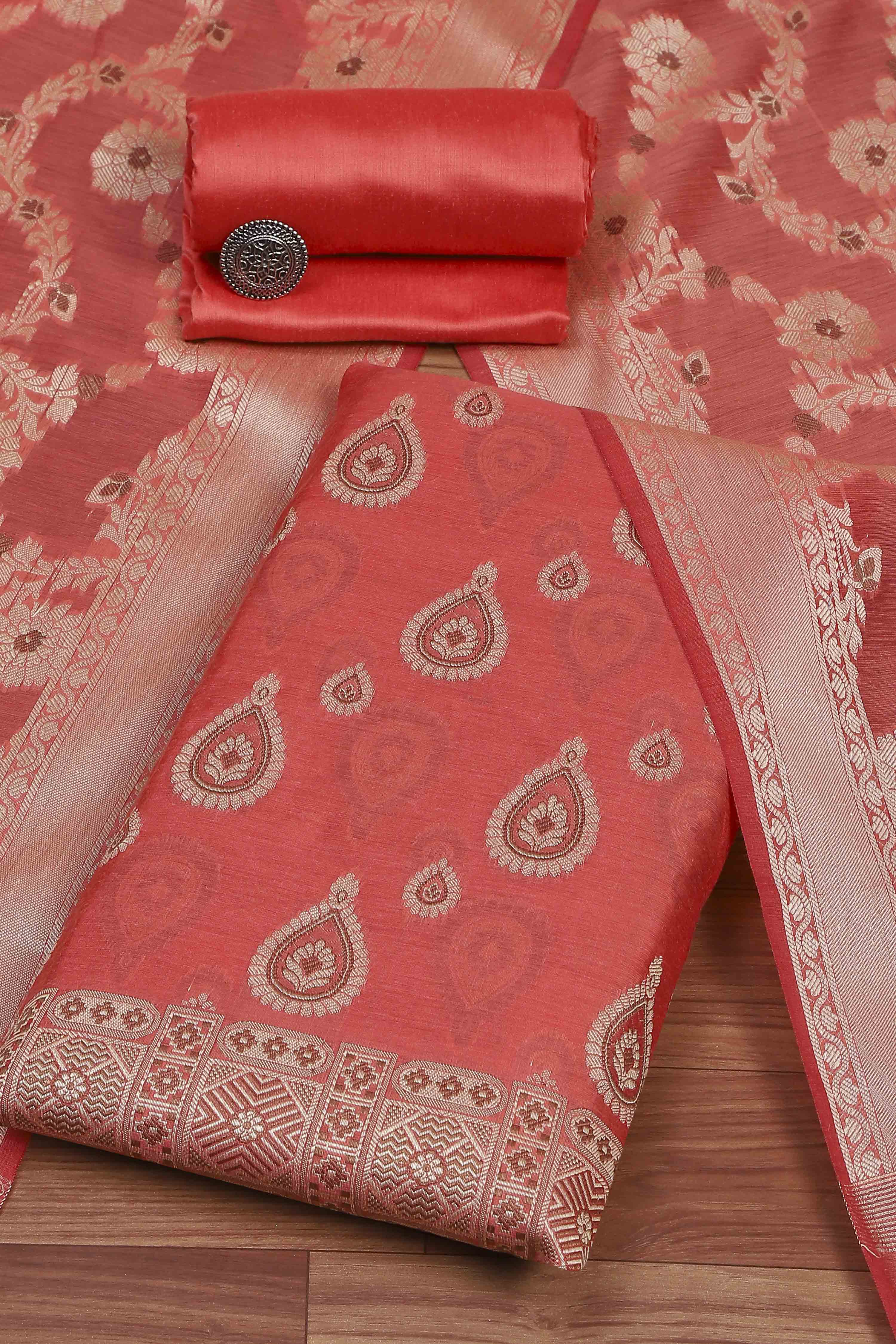 Red Chanderi  Unstitched Suit Set image number 0