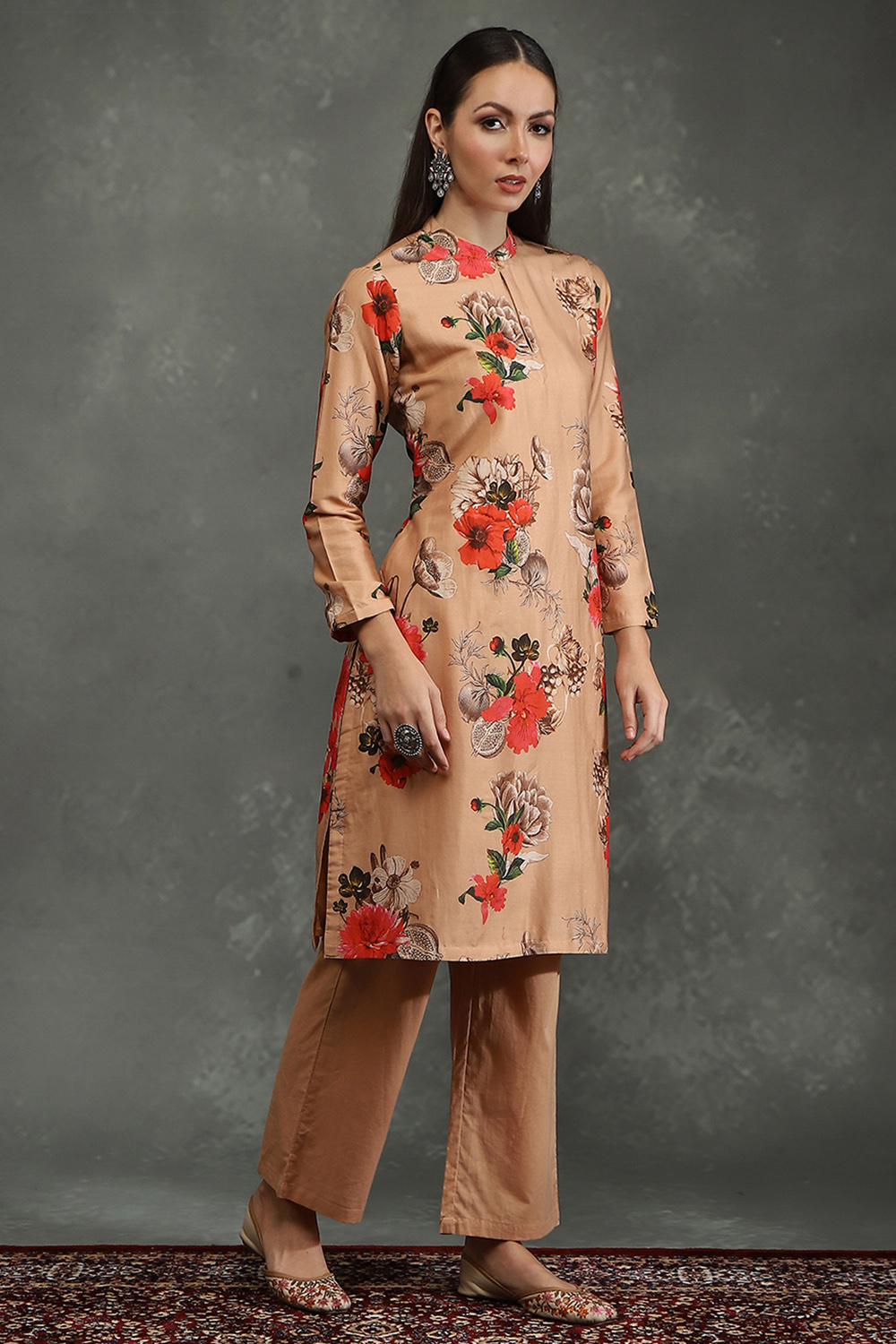 Black Silk Chanderi Floral Printed Straight Kurta Set image number 5
