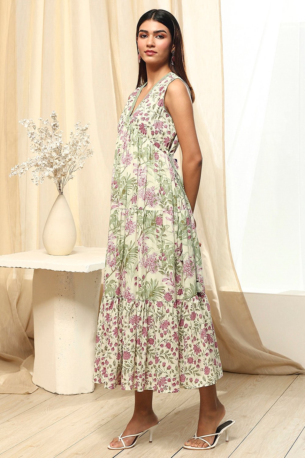 Off-White and Green Cotton Floral Tiered Dress image number 2