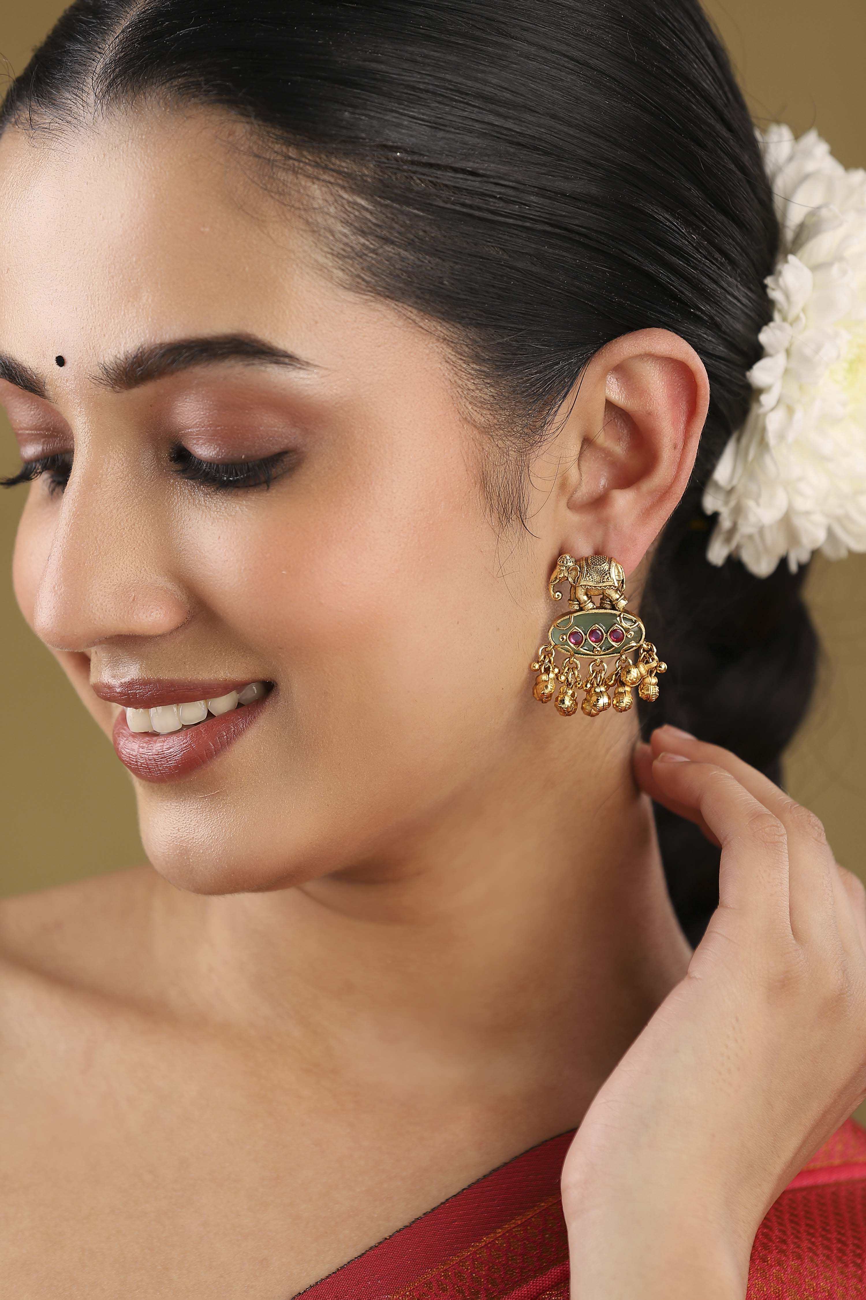 Green Gold Plated Brass Studded Drop Earrings image number 1