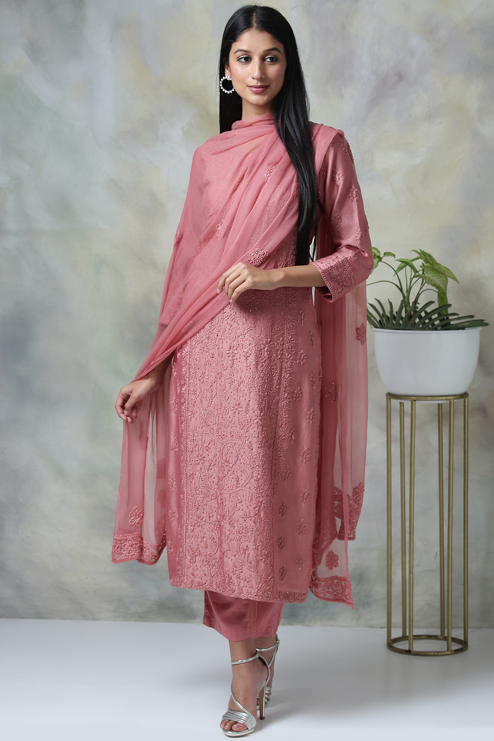 Onion Pink Cotton Silk Straight Kurta Pant Suit Set image number 0