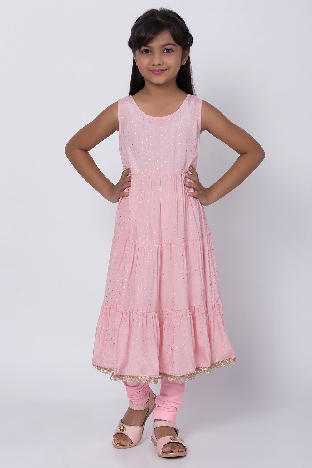Off White Poly Cotton Flared Kurta Churidar Suit Set image number 2