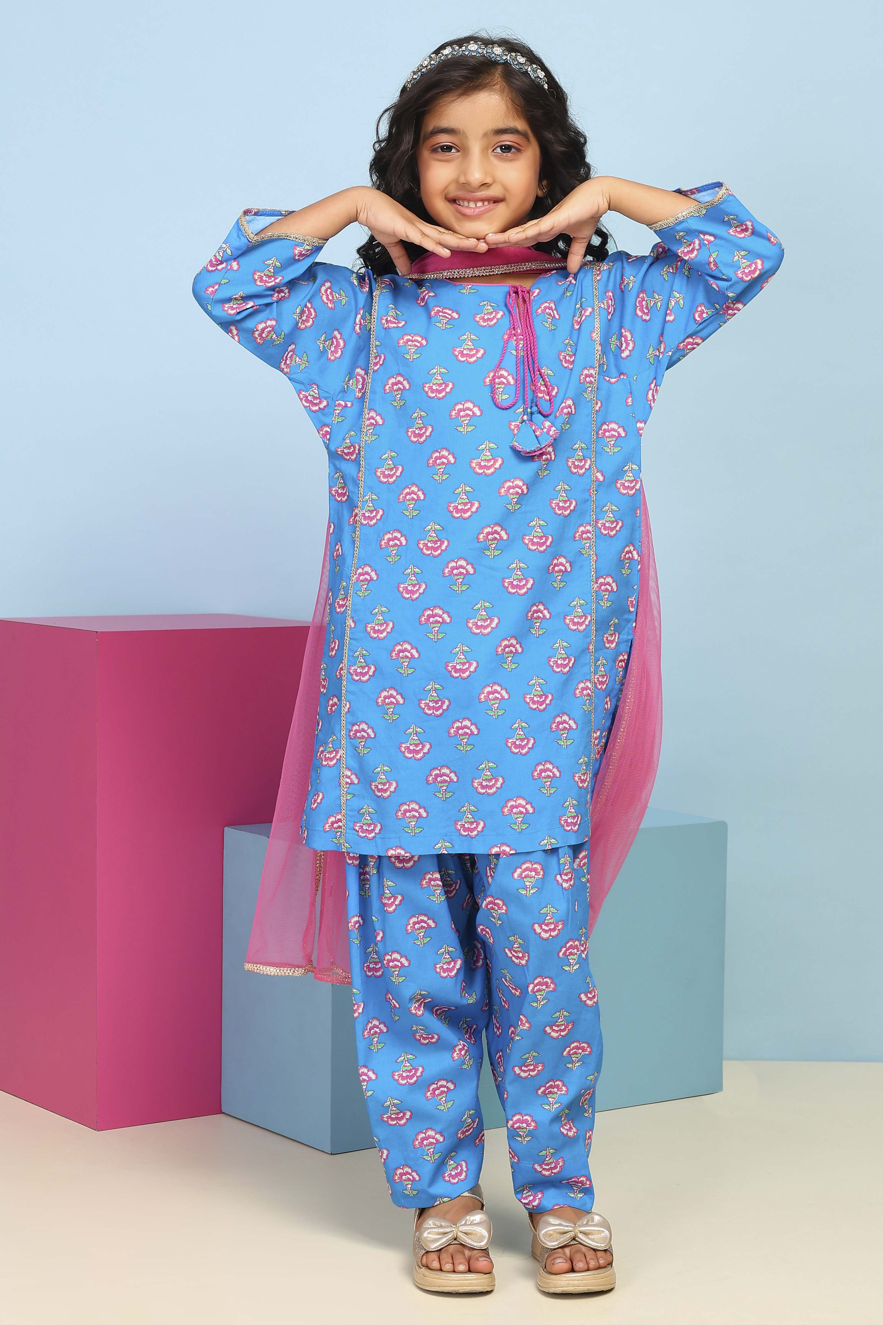 Blue Cotton Printed Straight Suit Set image number 6