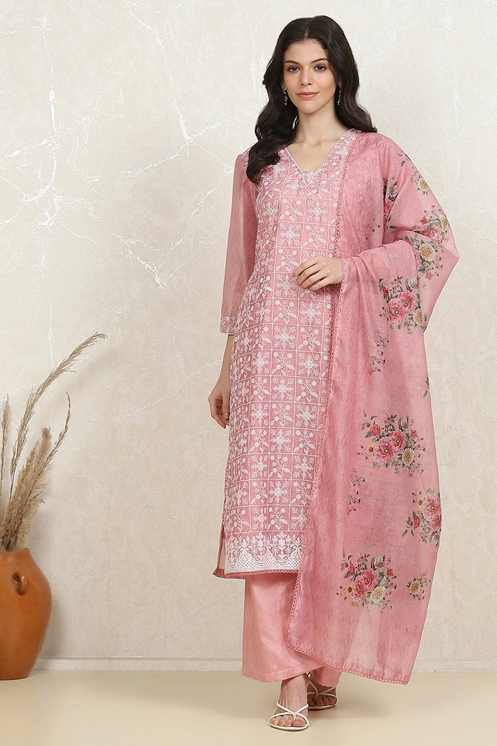 Dusky Pink Chanderi Machine Embroidered Unstitched Suit Set image number 7