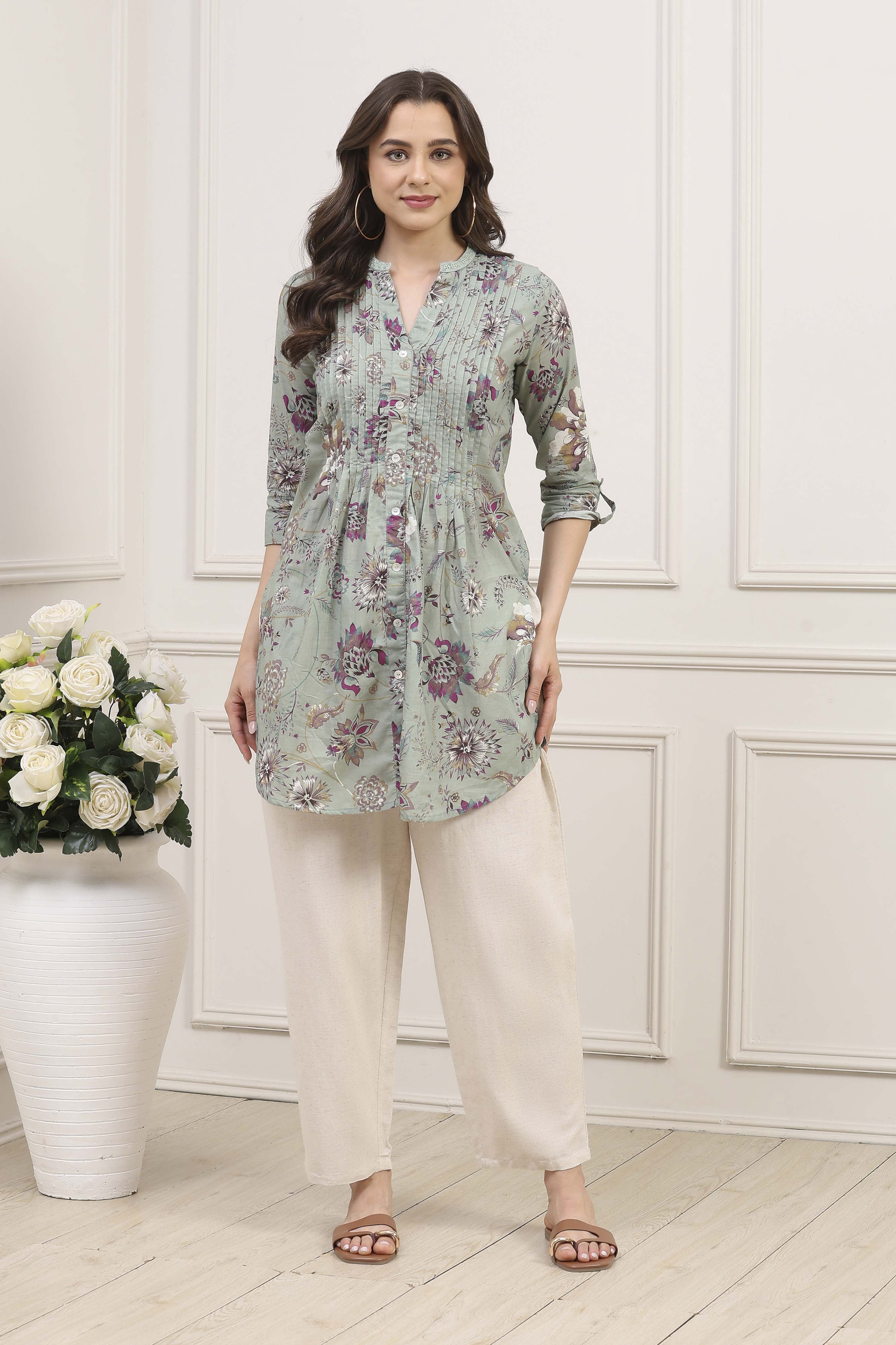Green Cotton Printed Straight Kurti image number 7