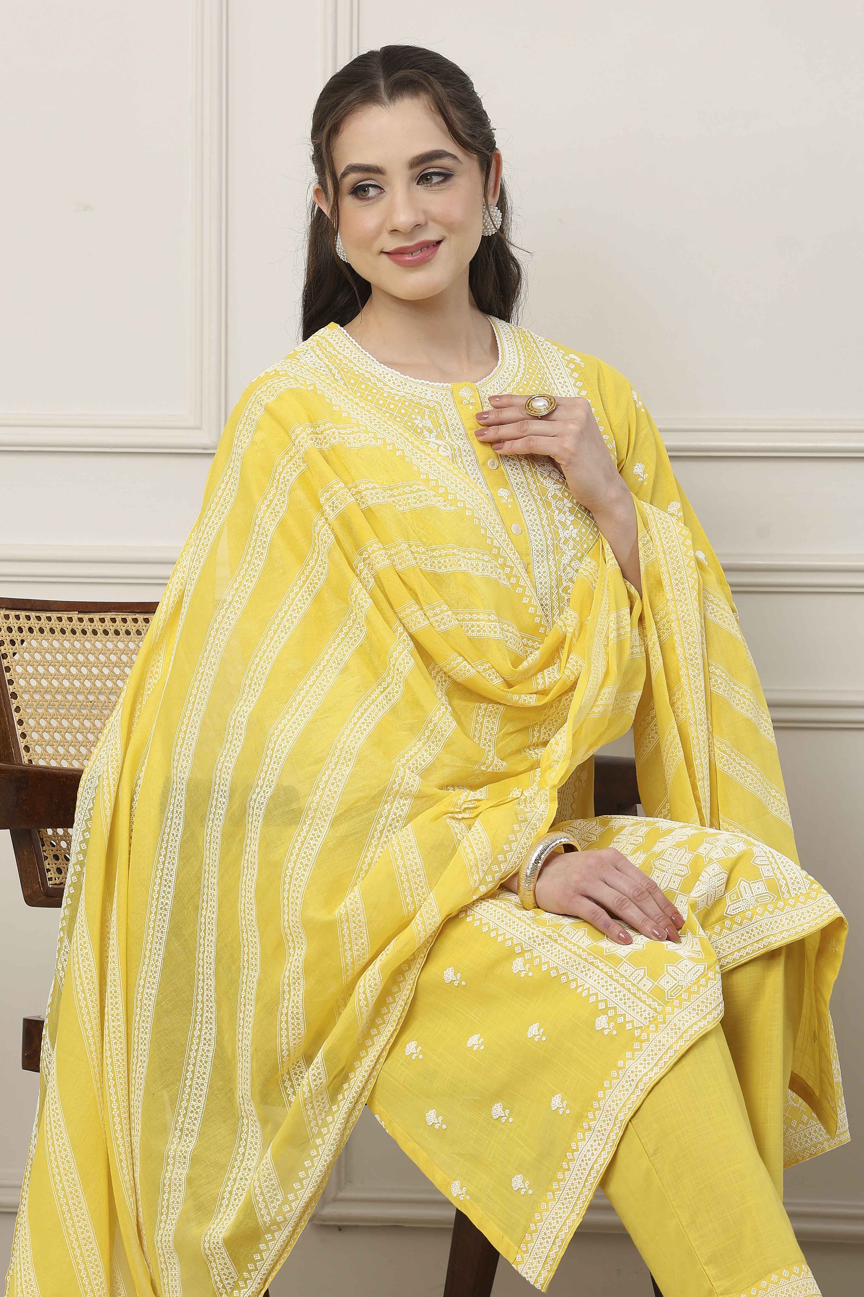 Yellow Cotton Floral Embroidered Straight Suit Set image number 7