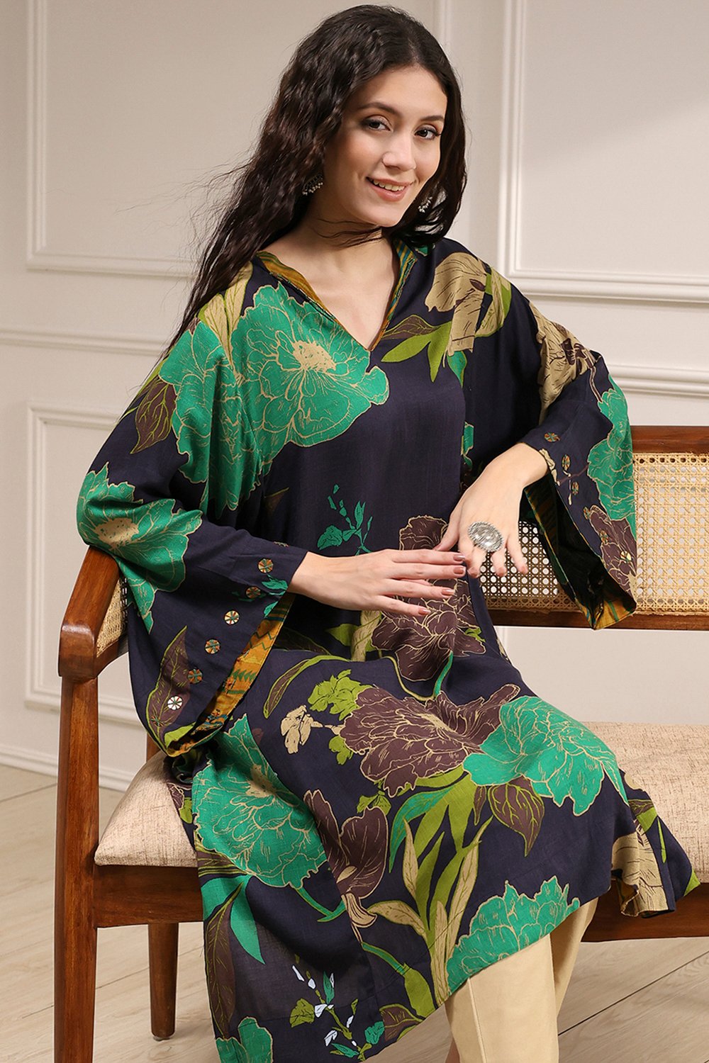 Charcoal Viscose Rayon A-Line Printed Kurta image number 5