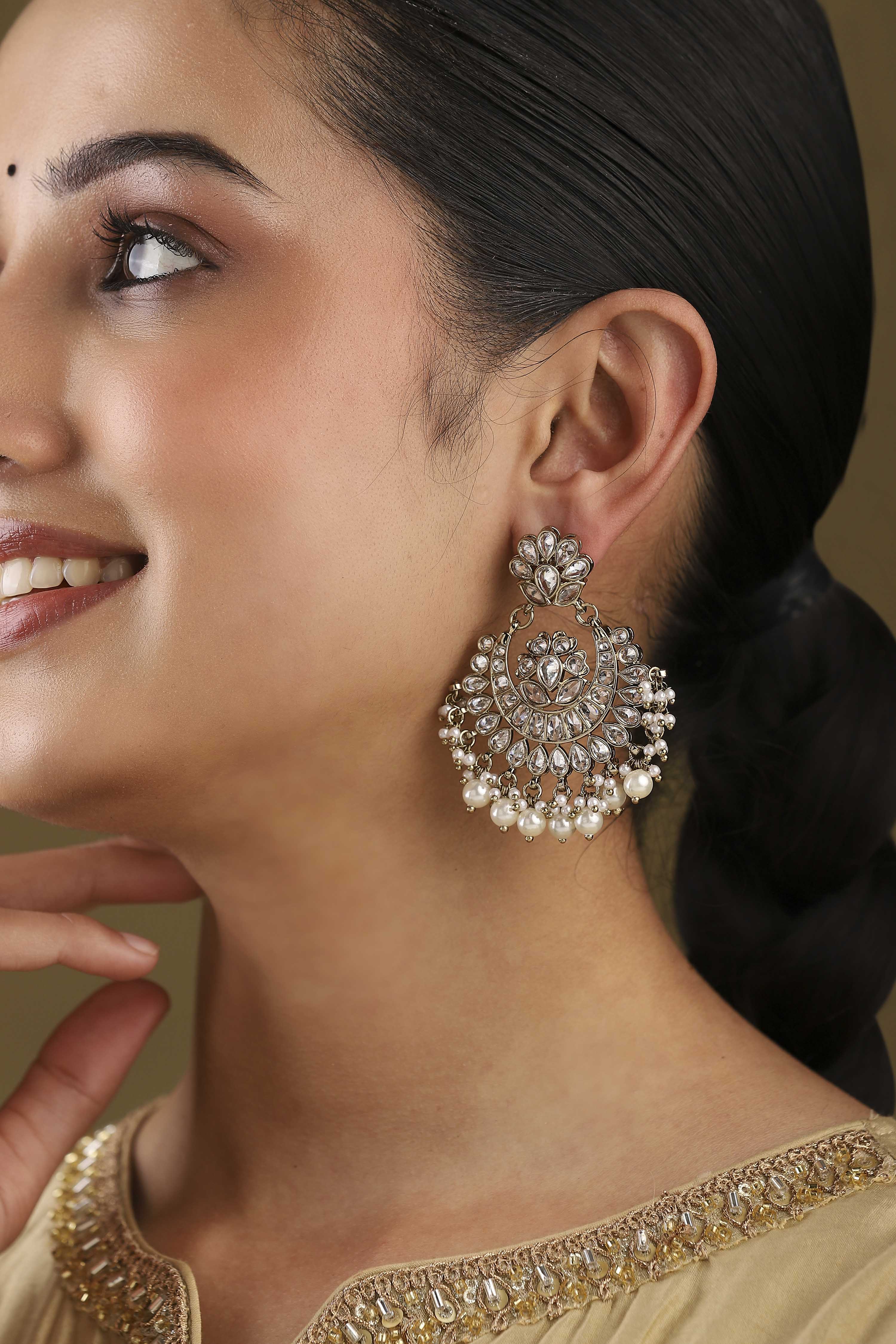 Silver-Toned Gold Plated Brass Studded Chandbalis image number 4