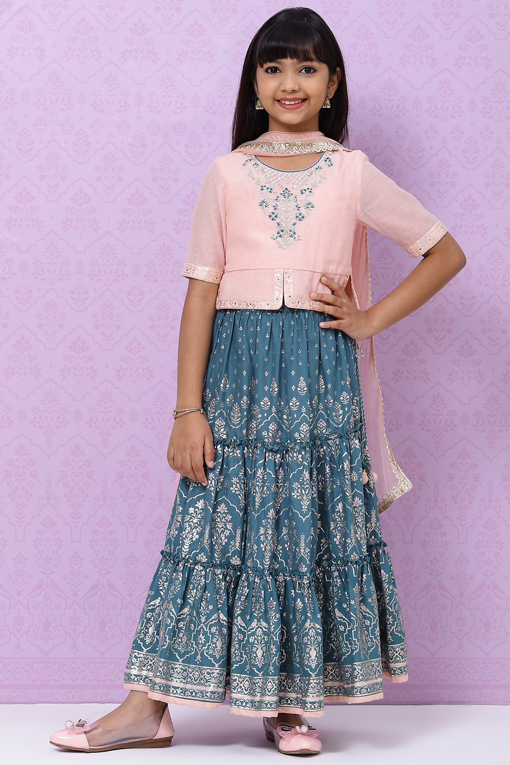 Peach And Teal Straight Poly Cotton Girls Lehenga Set image number 4