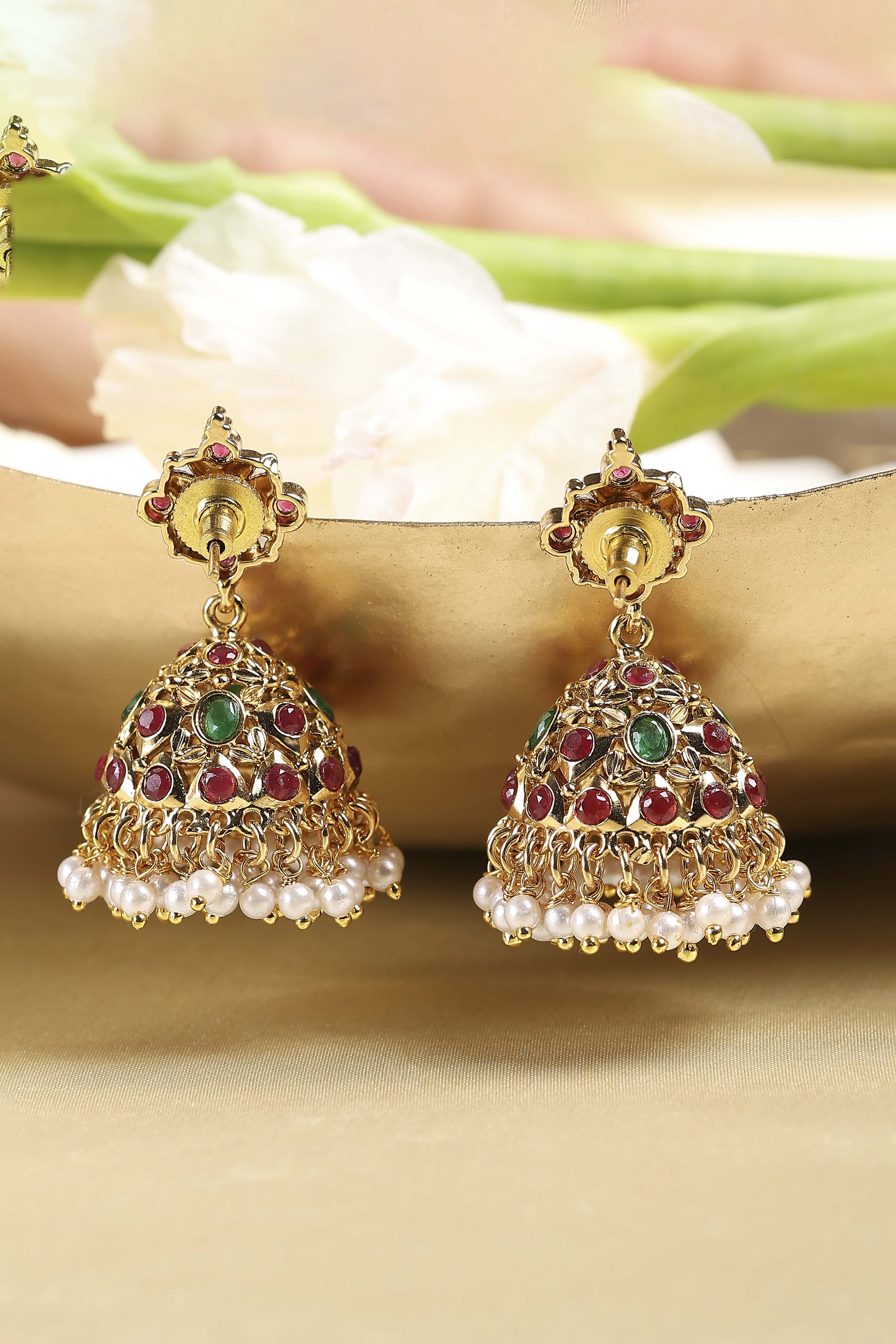 Multicolour Gold Plated Brass Studded Jhumkas image number 2