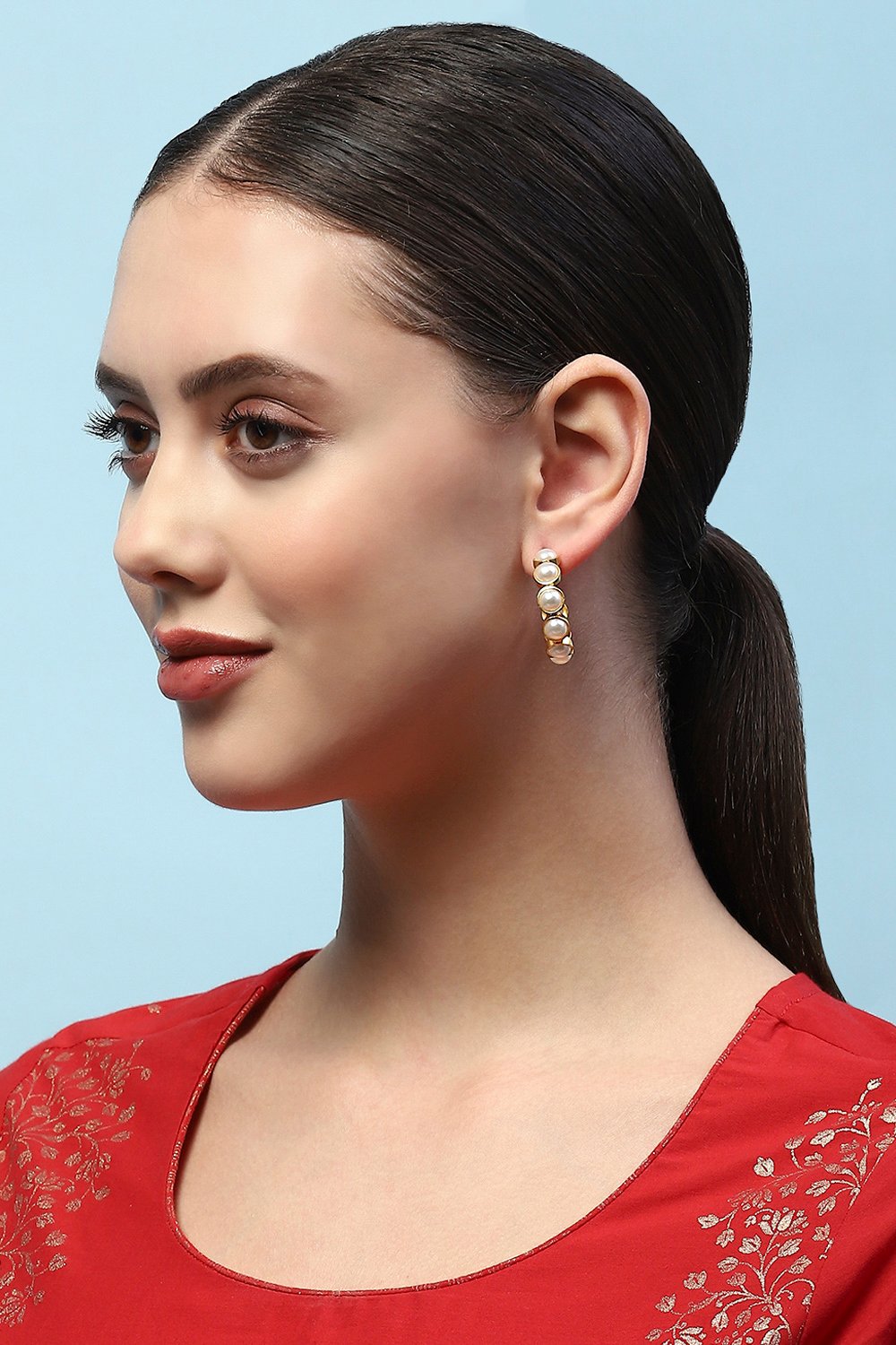 White Gold-Plated Pearl Contemporary Hoops image number 1