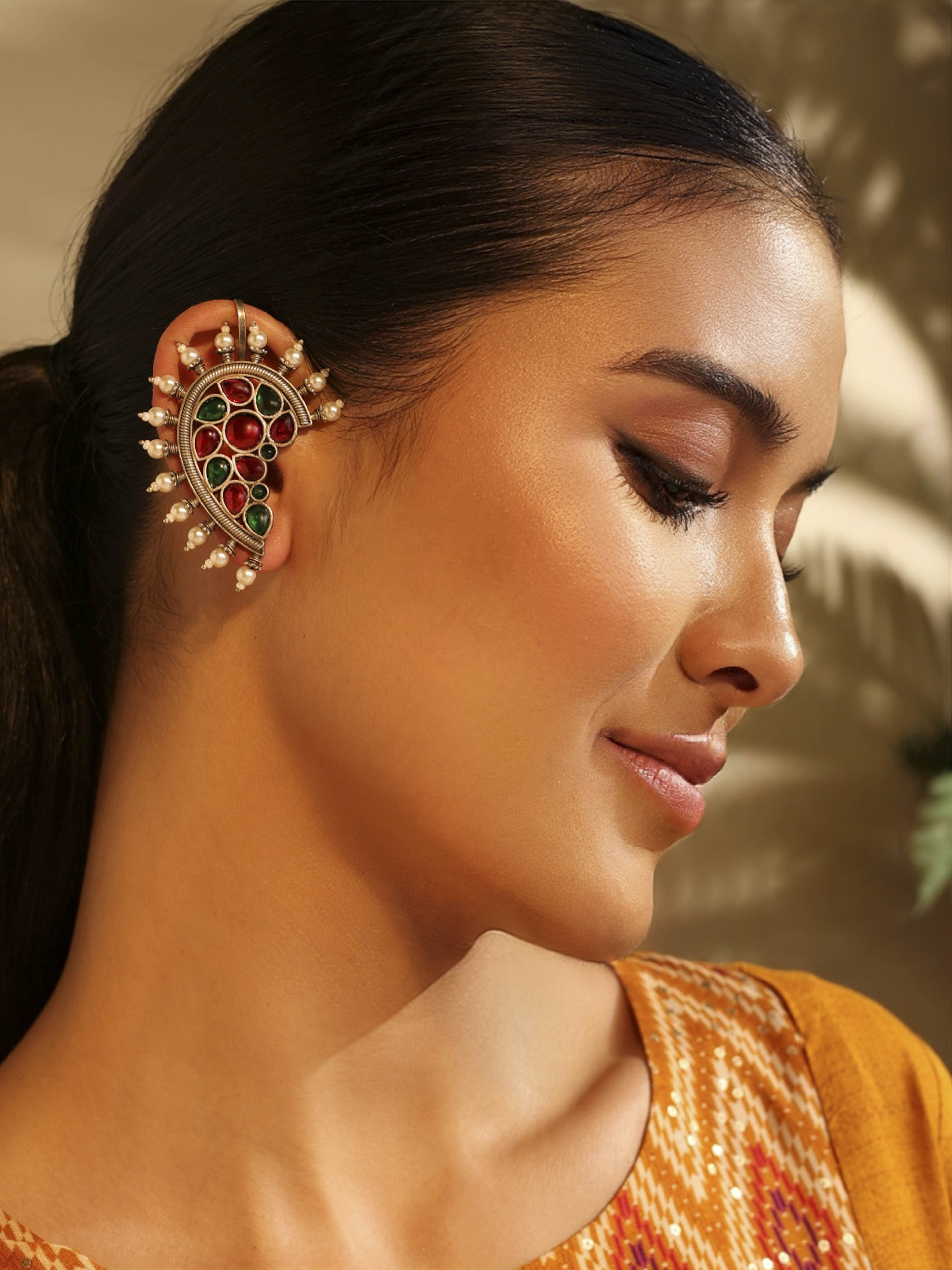 Oxidised Brass Multicolour Ear Cuff Earrings image number 1