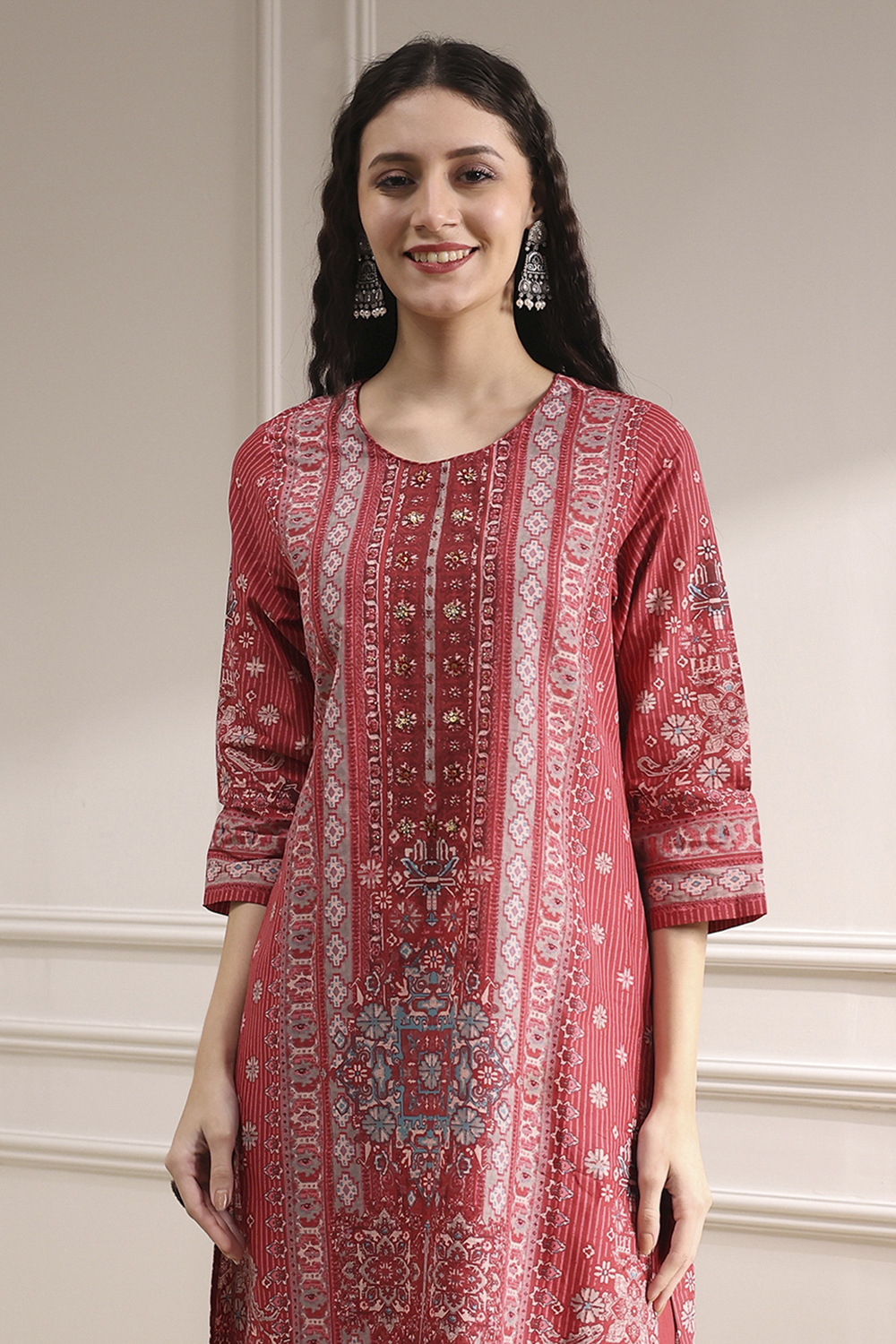 Grey Cotton Printed Straight Suit Set image number 1
