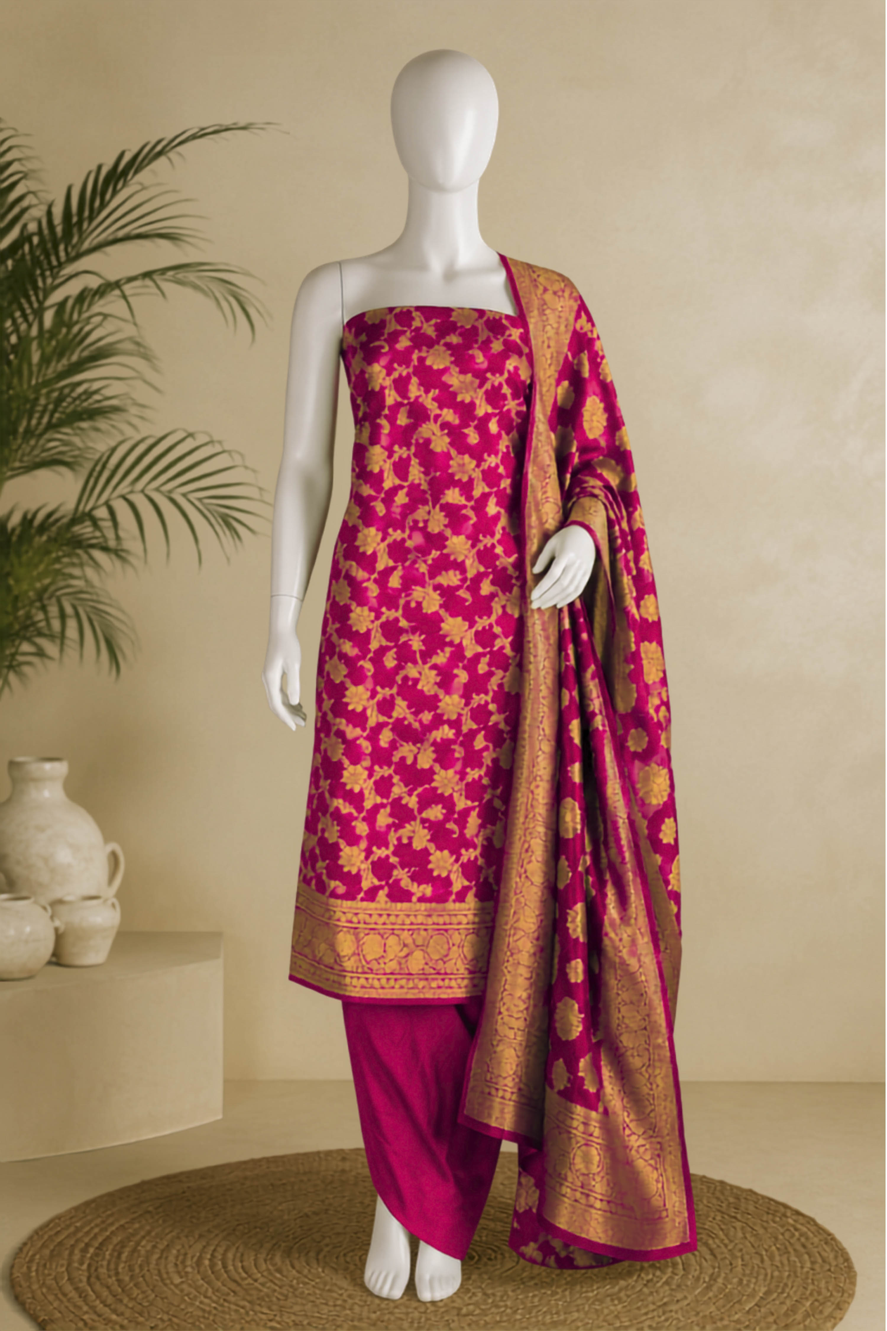 Green Chanderi Silk Printed Unstitched Suit Set image number 5