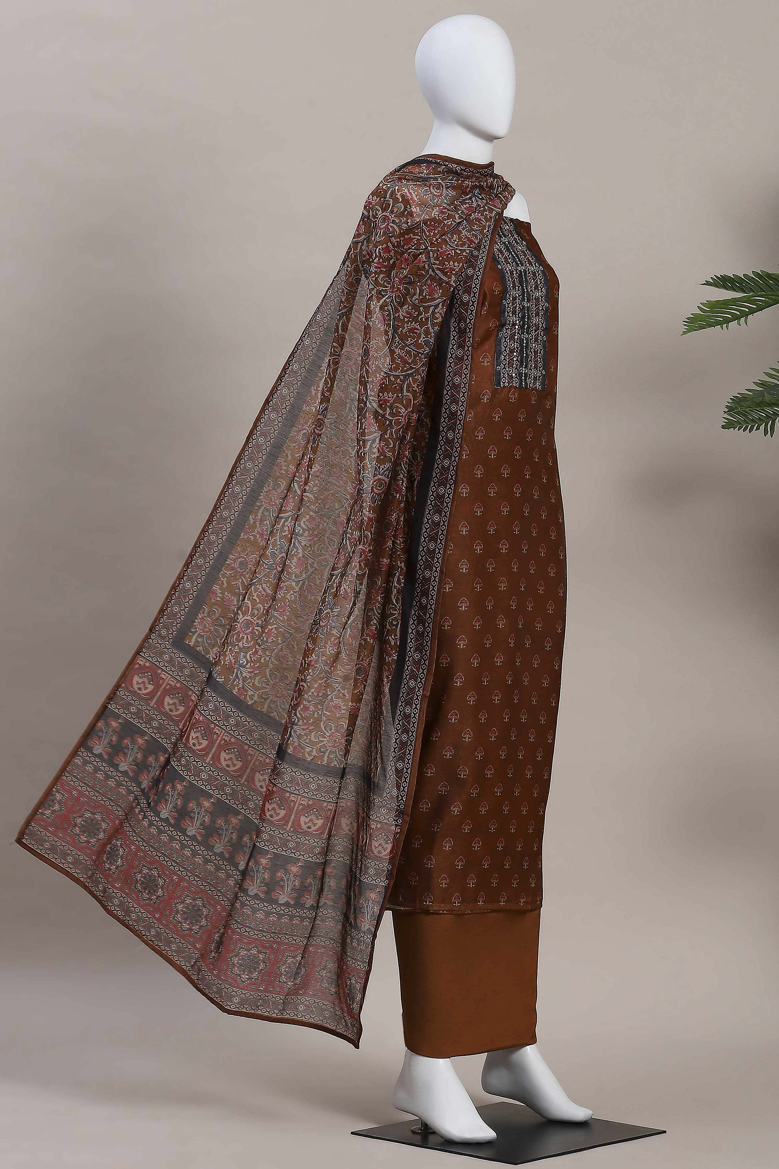 Olive Green Chanderi Rajasthani Print Unstitched Suit Set image number 4