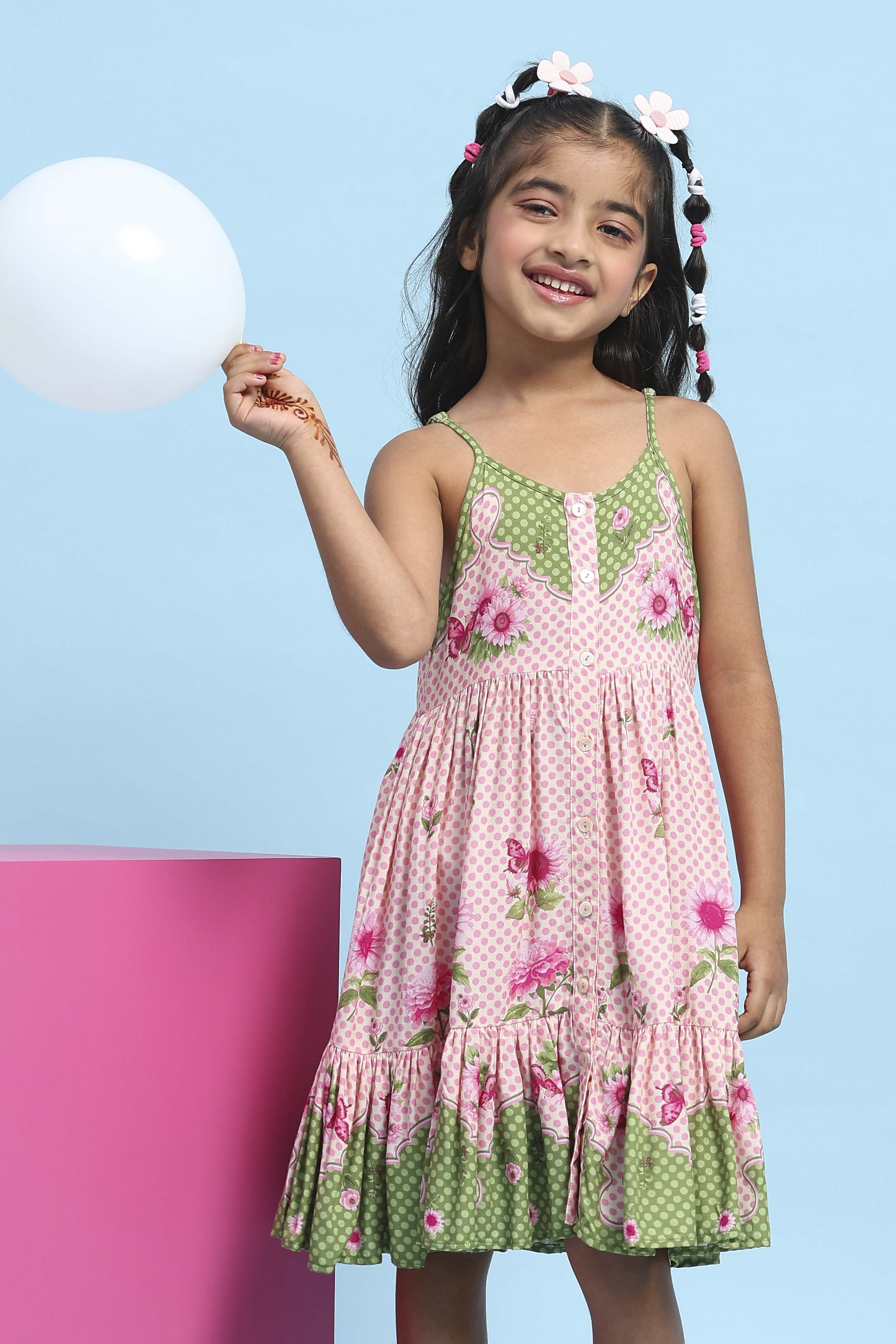 Pink Printed Strappy Tiered Dress image number 5