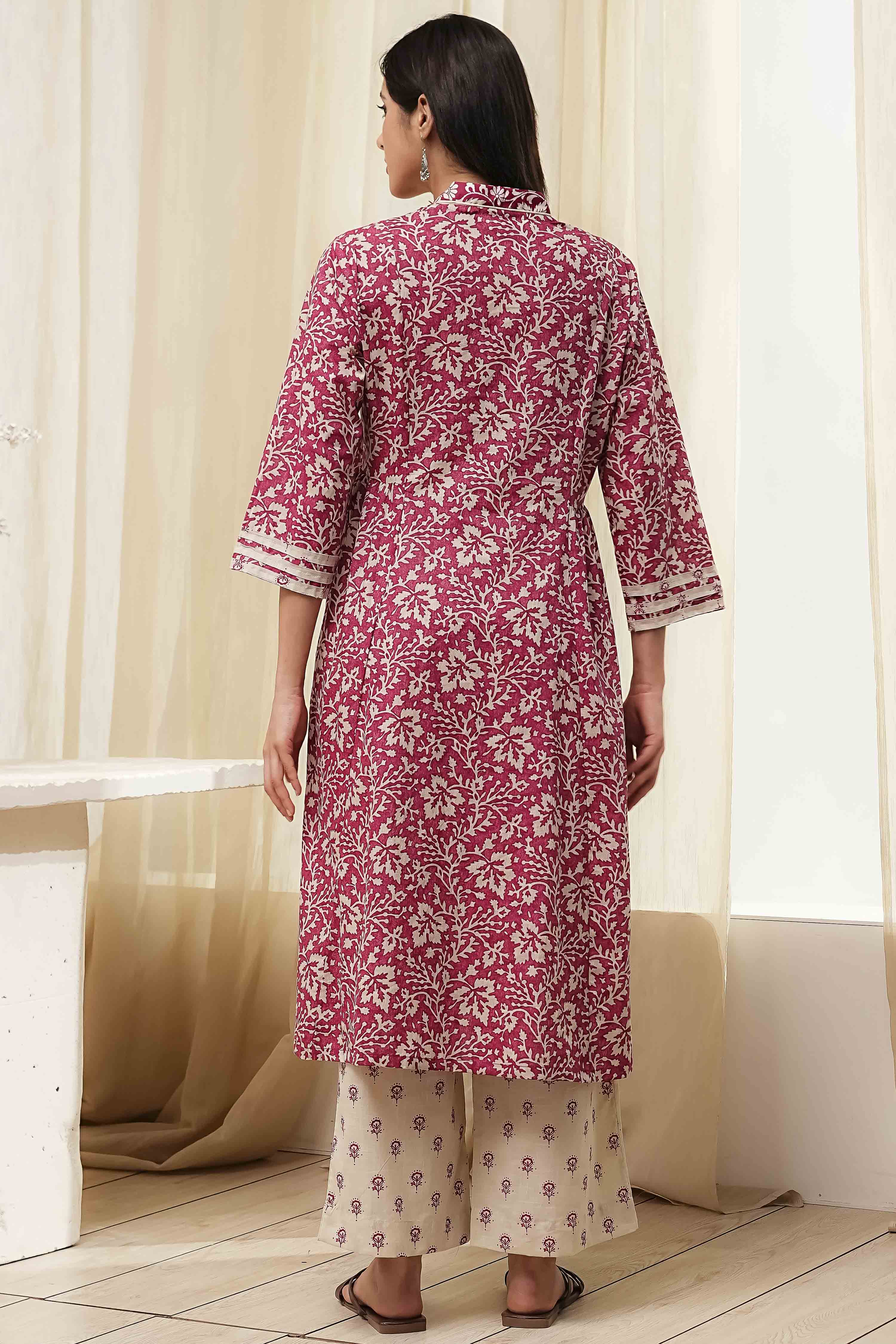Red Cotton Printed Gathered Suit Set image number 4