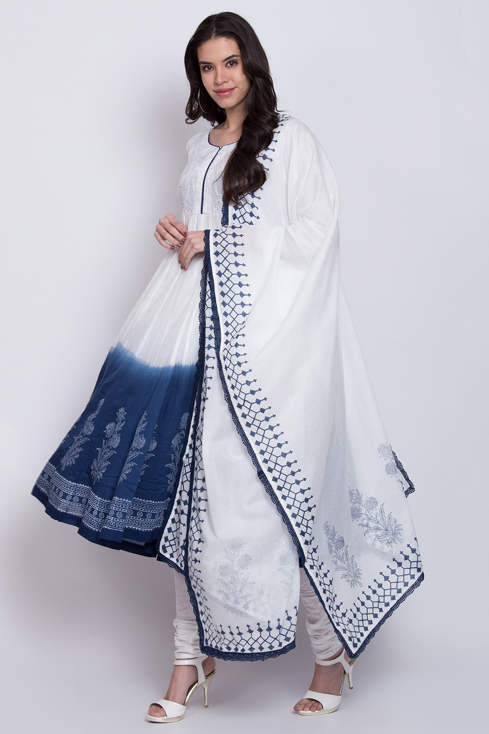 White And Blue Cotton Anarkali Kurta Churidar Suit Set image number 0