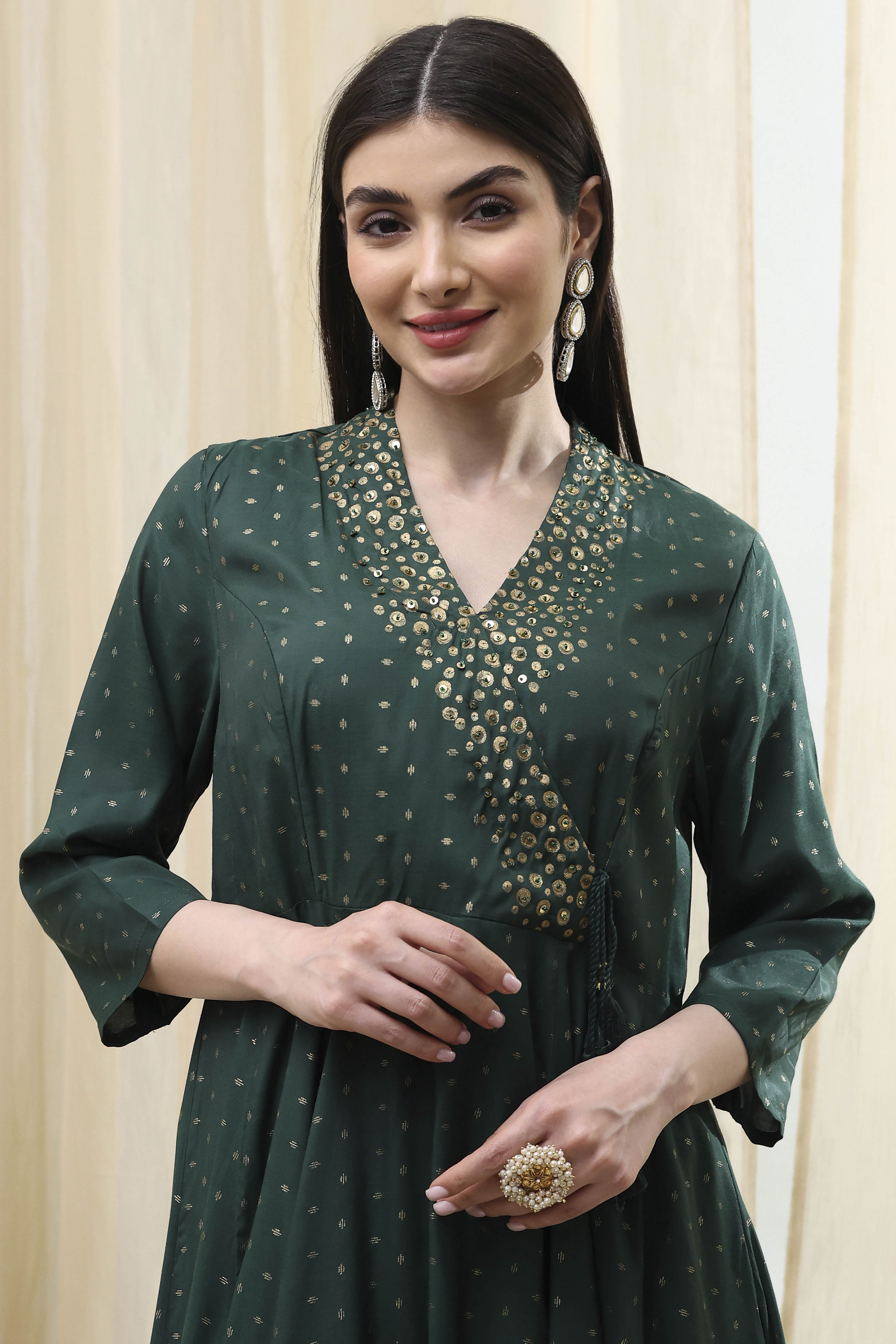 Dark Green Shantoon Printed Anarkali Suit Set image number 1