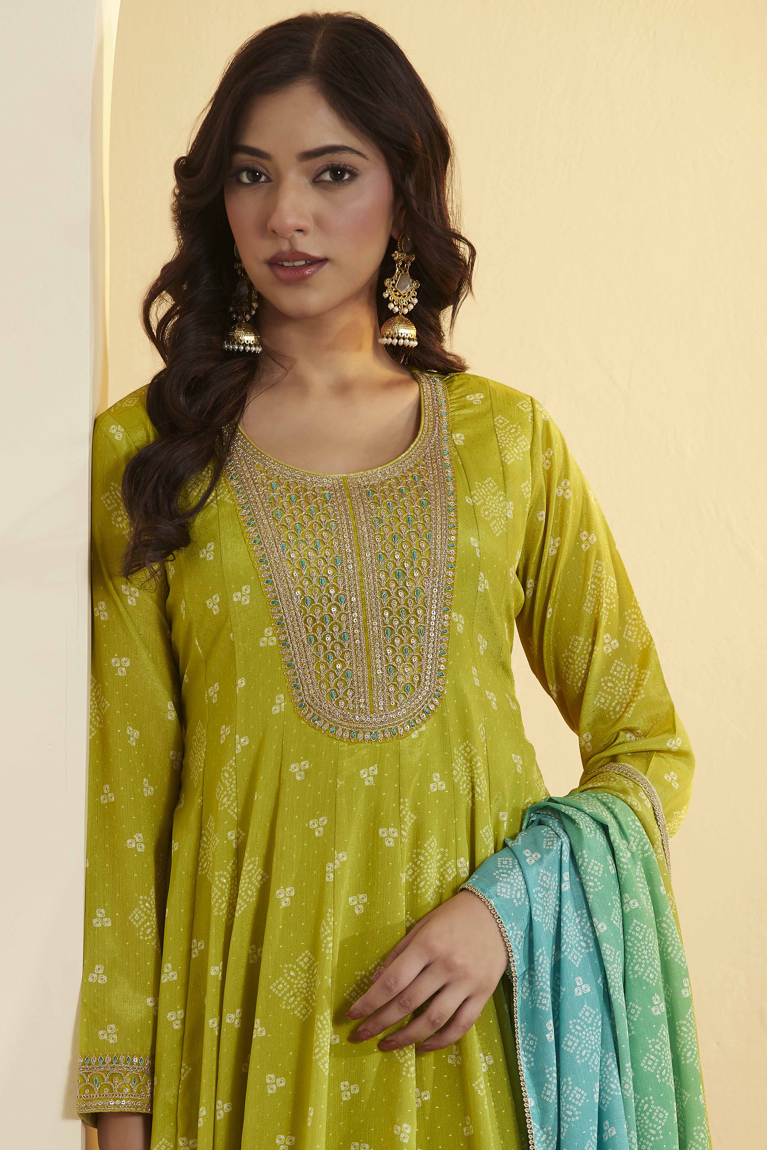 Llime Green Poly Chinnon Anarkali Suit Set image number 1