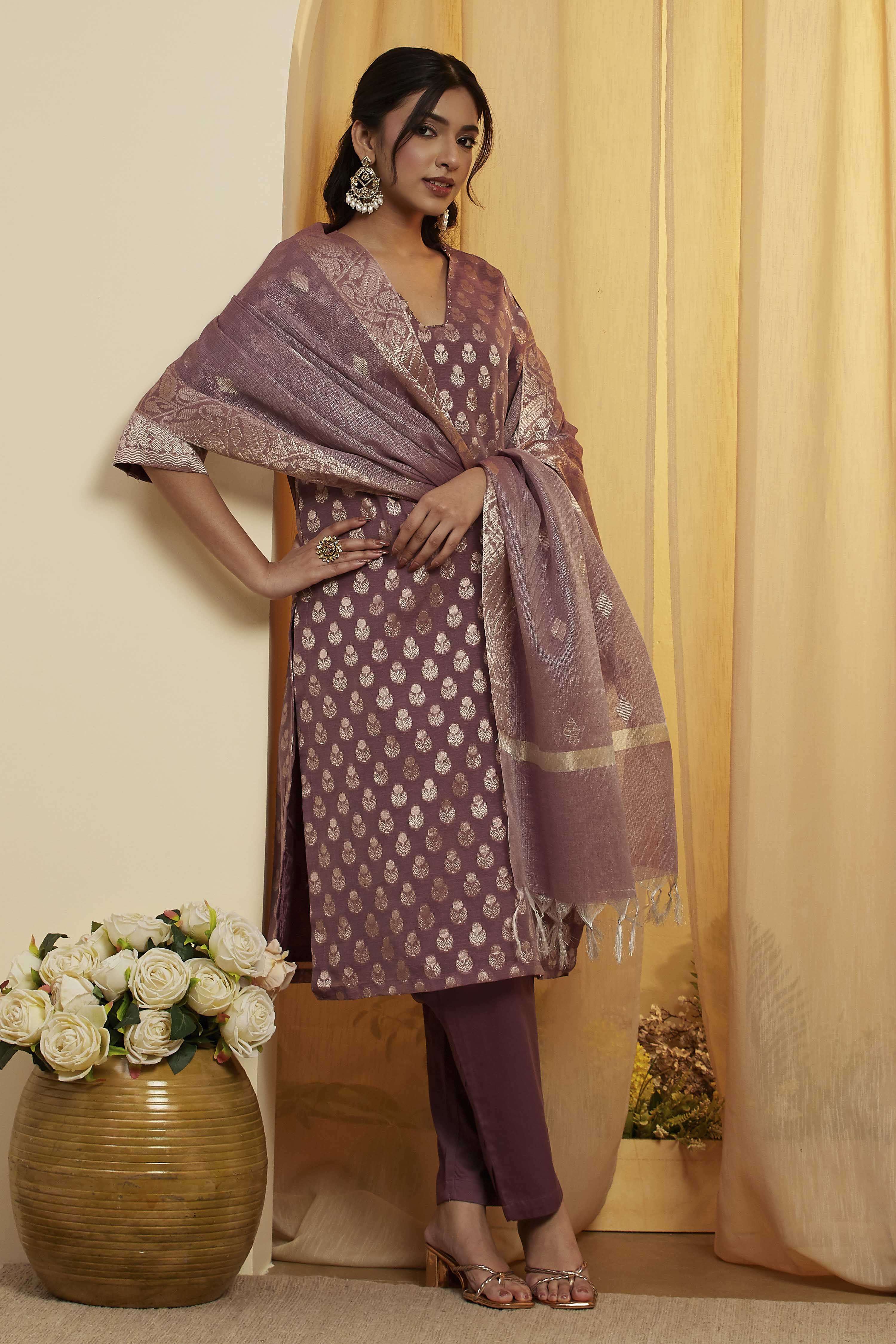 Grey Polyester Straight Suit Set image number 0