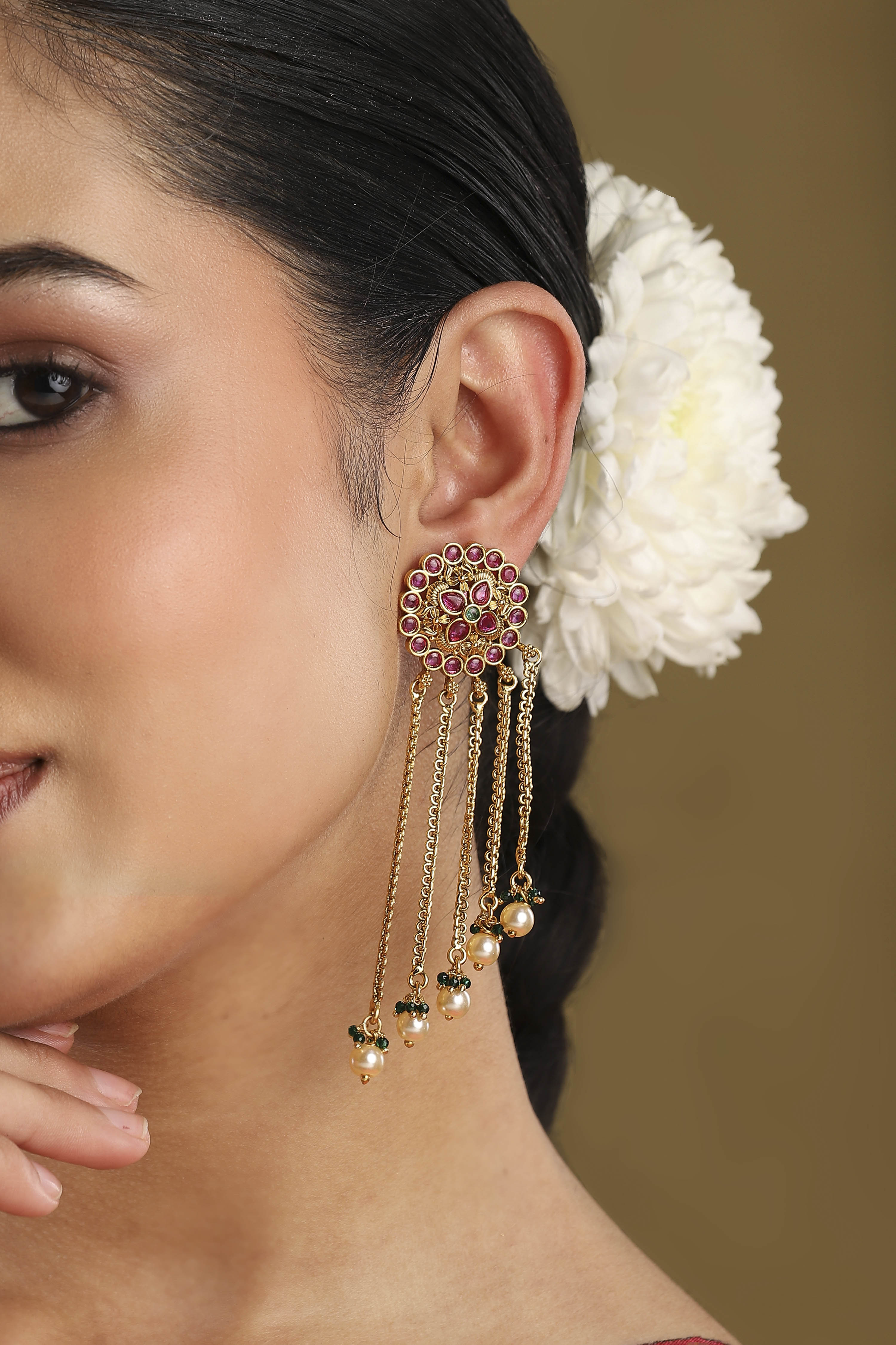 Multicolour Gold Plated Brass Stone Studded Drop Earrings image number 1