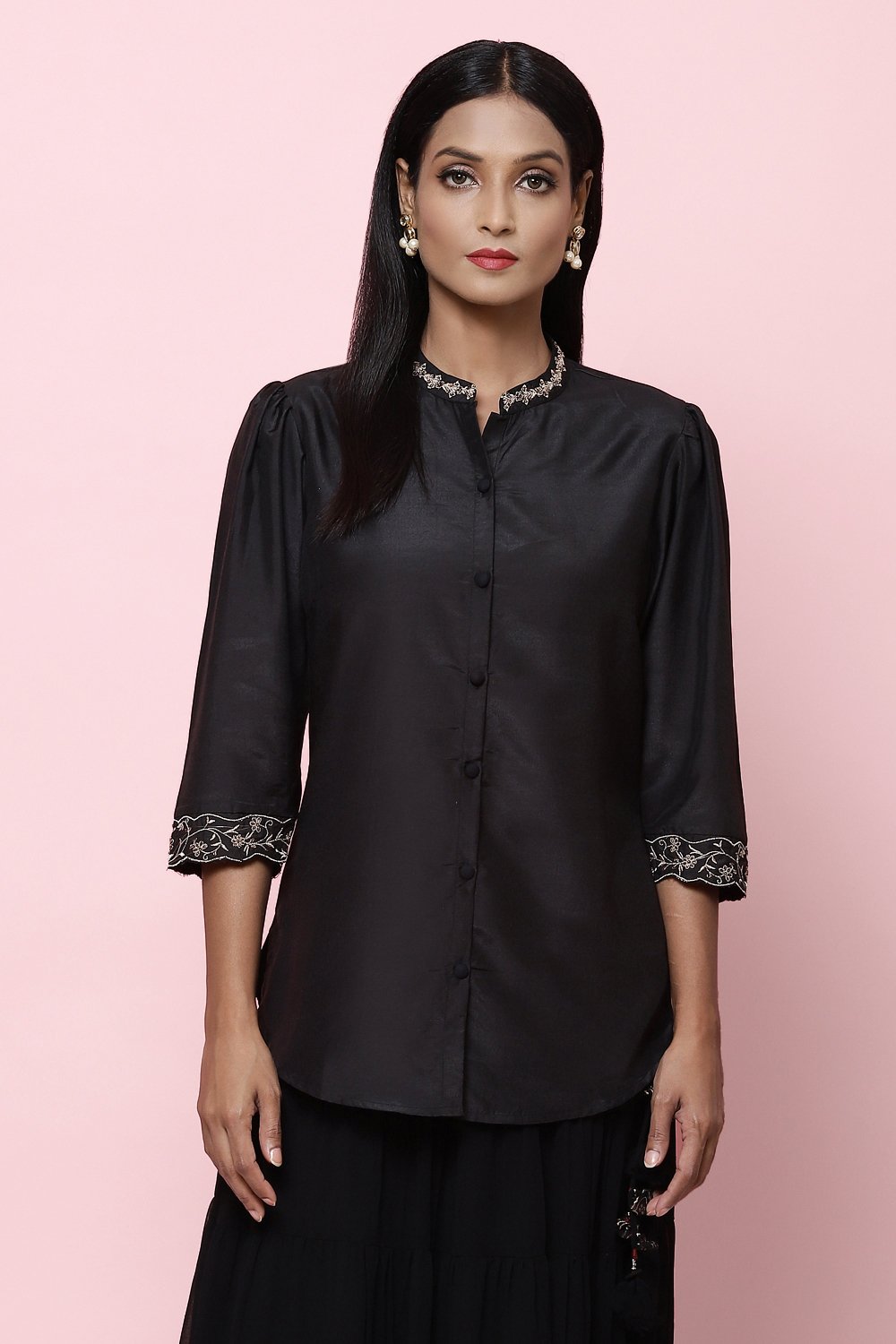 Black Straight Art Silk Shirt Embroidered Kurti image number 2