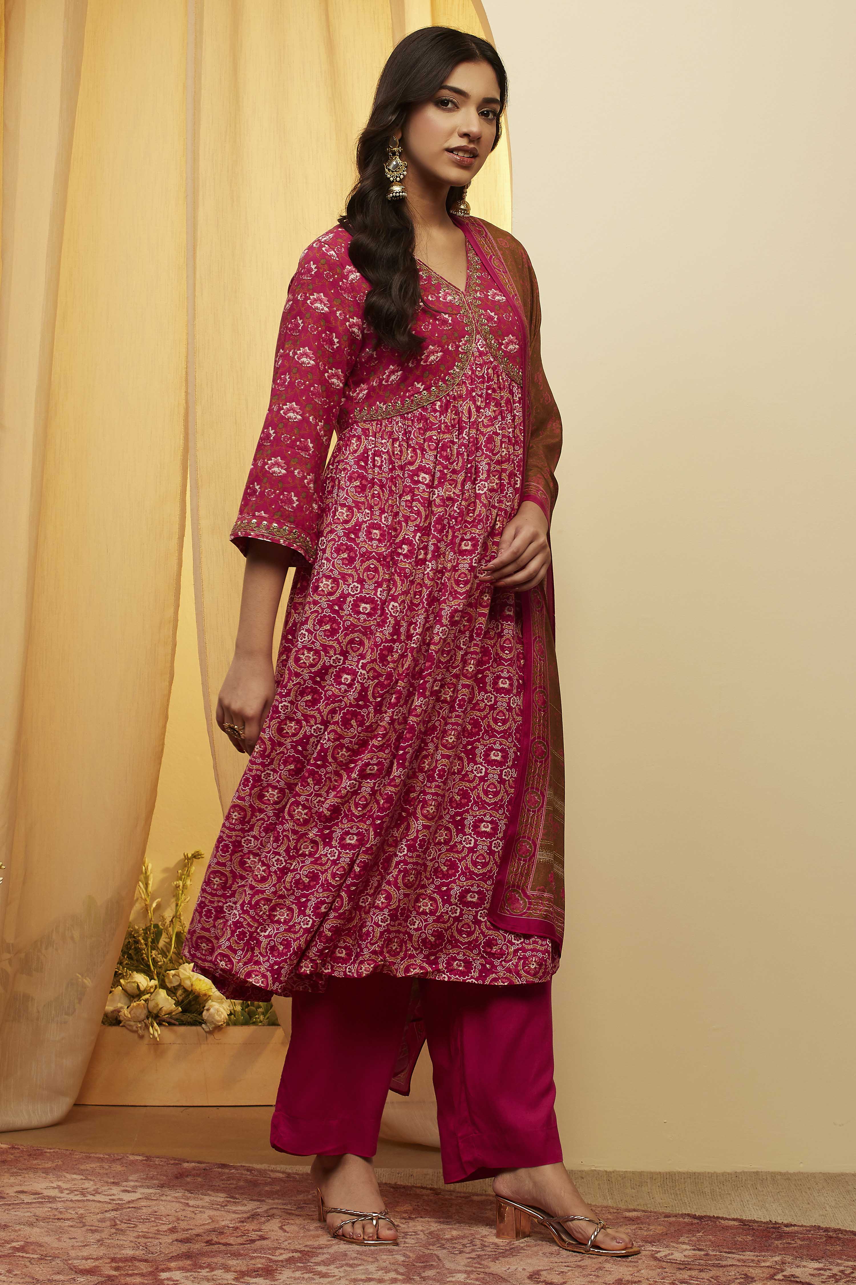 Blue Viscose Rayon Gathered Suit Set image number 4