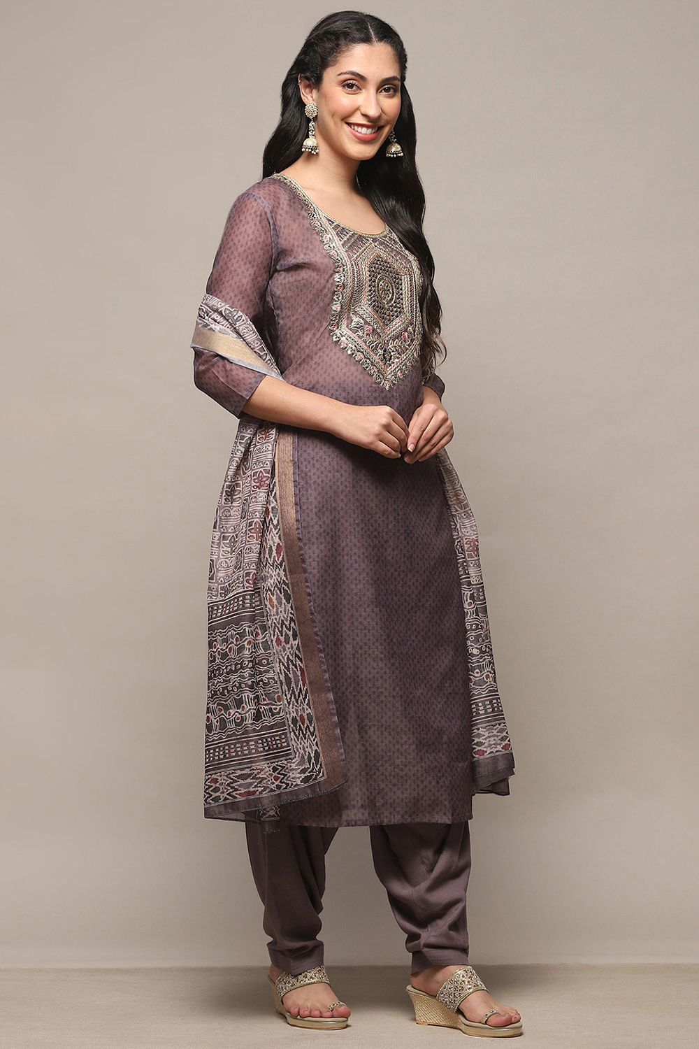 Earthy Green Chanderi Unstitched Suit Set image number 1