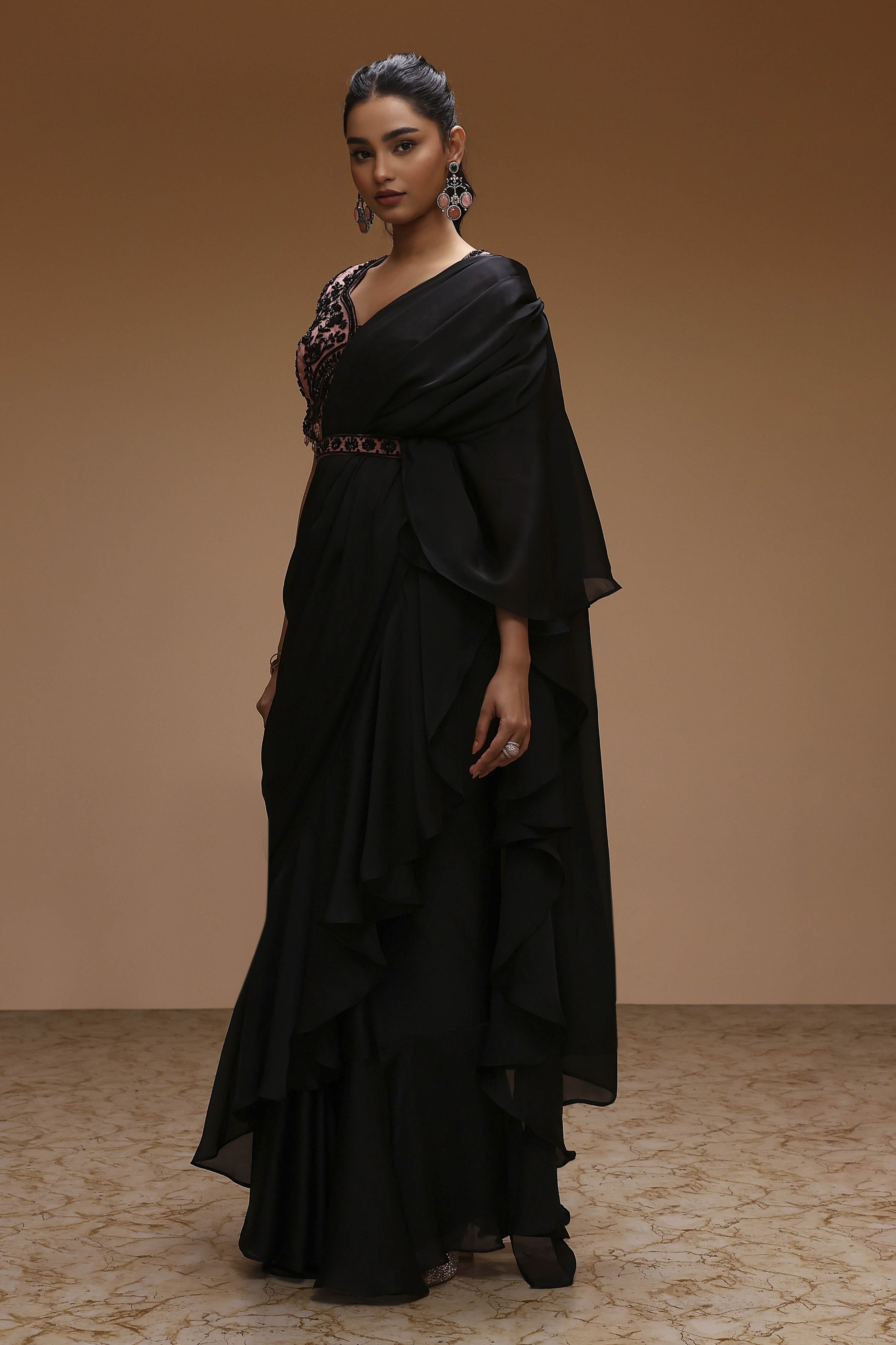 Black Modal Satin Pre-Draped Saree image number 2