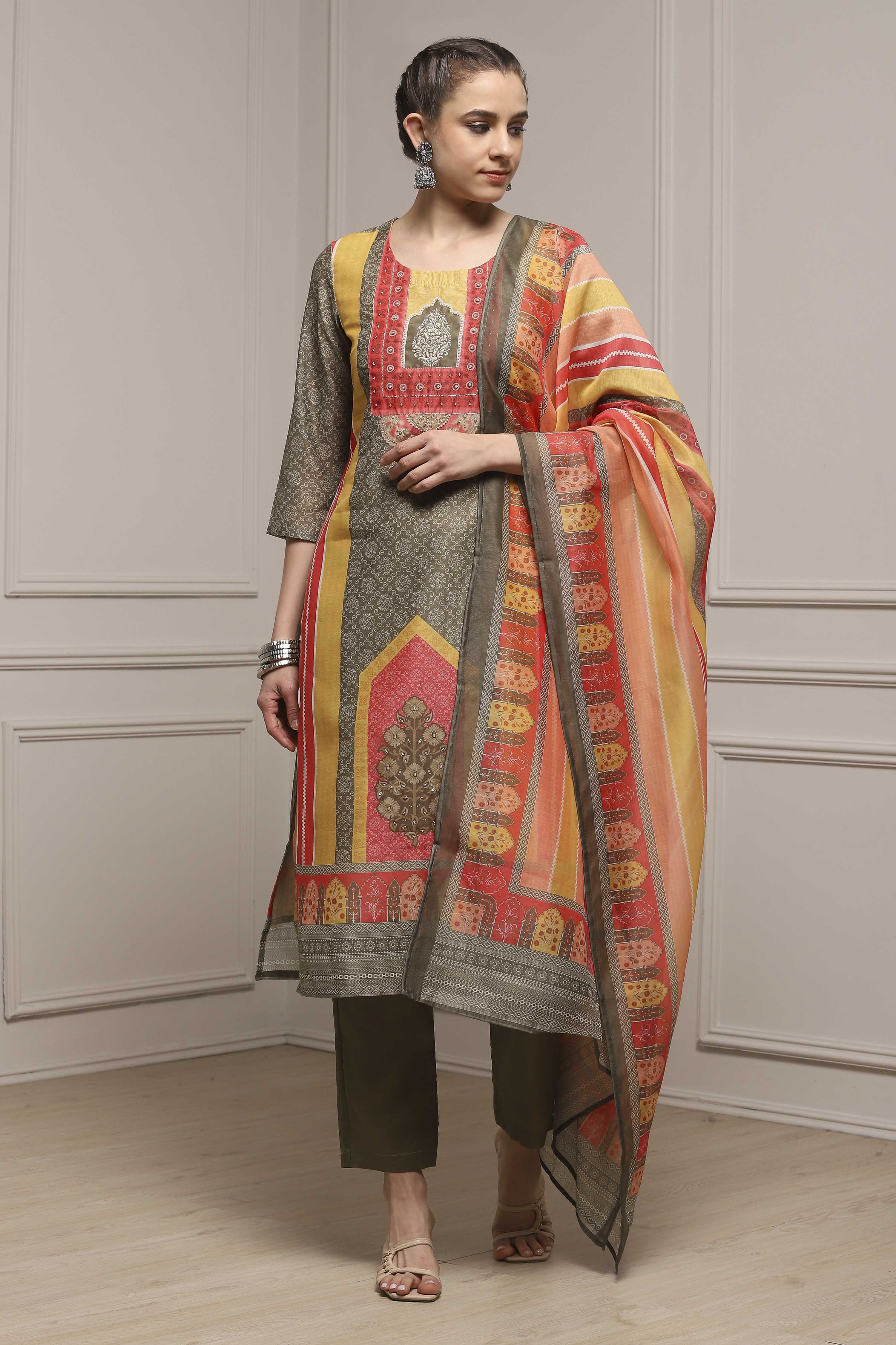 Assorted Chanderi Blend Printed Embroidered Unstitched Suit Set image number 1