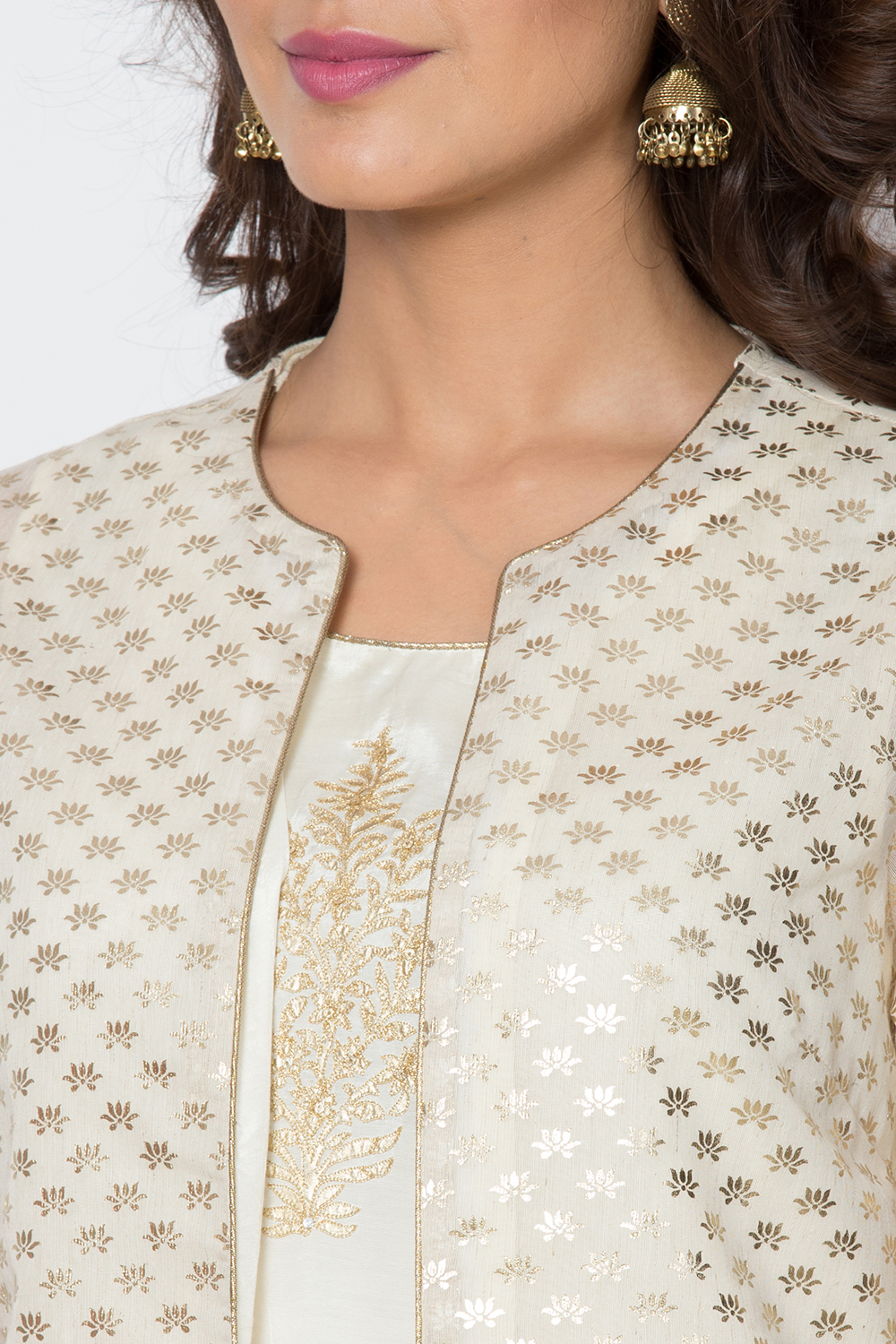 Cream Poly Cotton Front Open Kurta Pant Suit Set image number 1