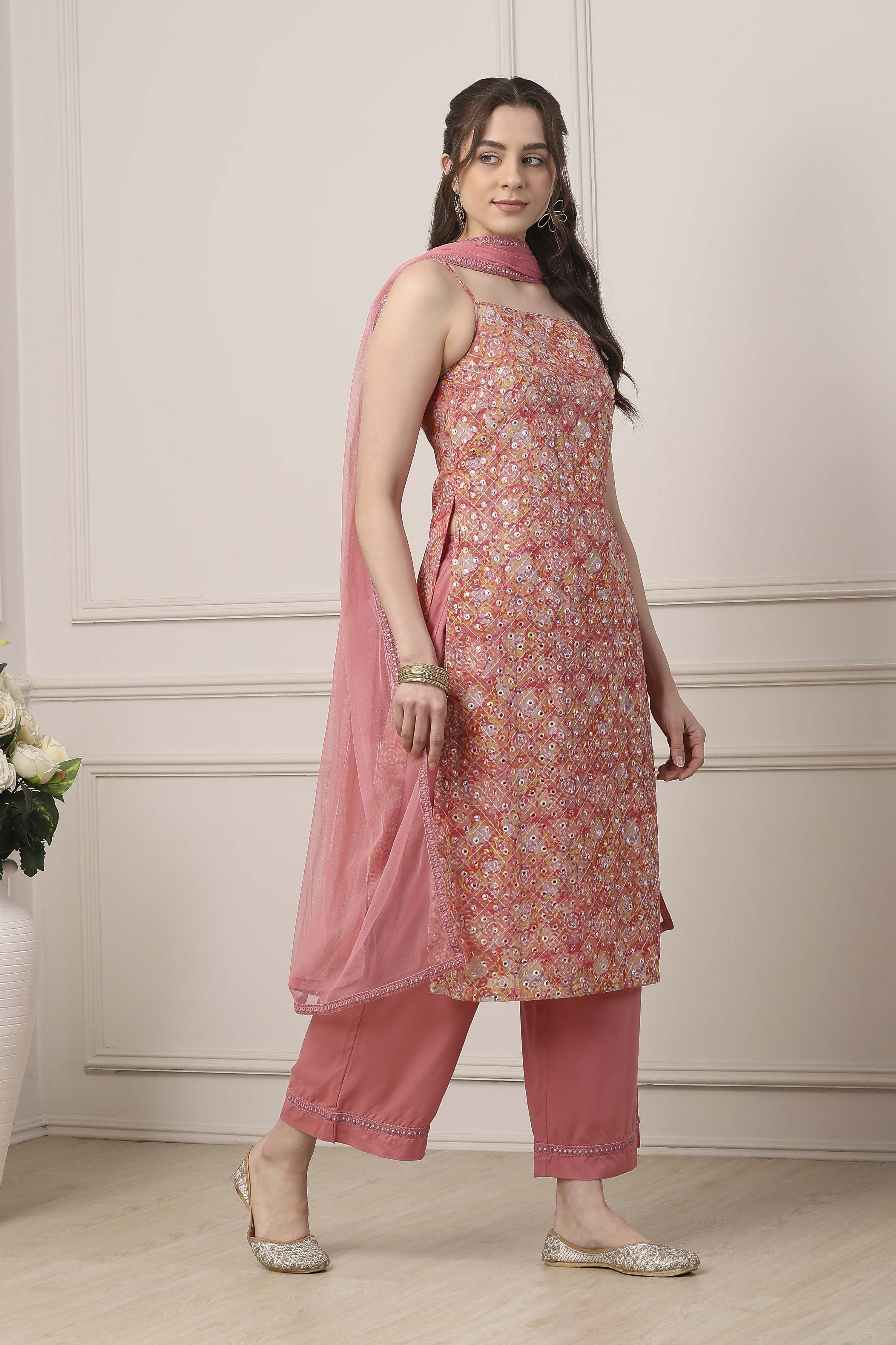 Peach Poly Georgette Floral Thread Work Straight Suit Set image number 5