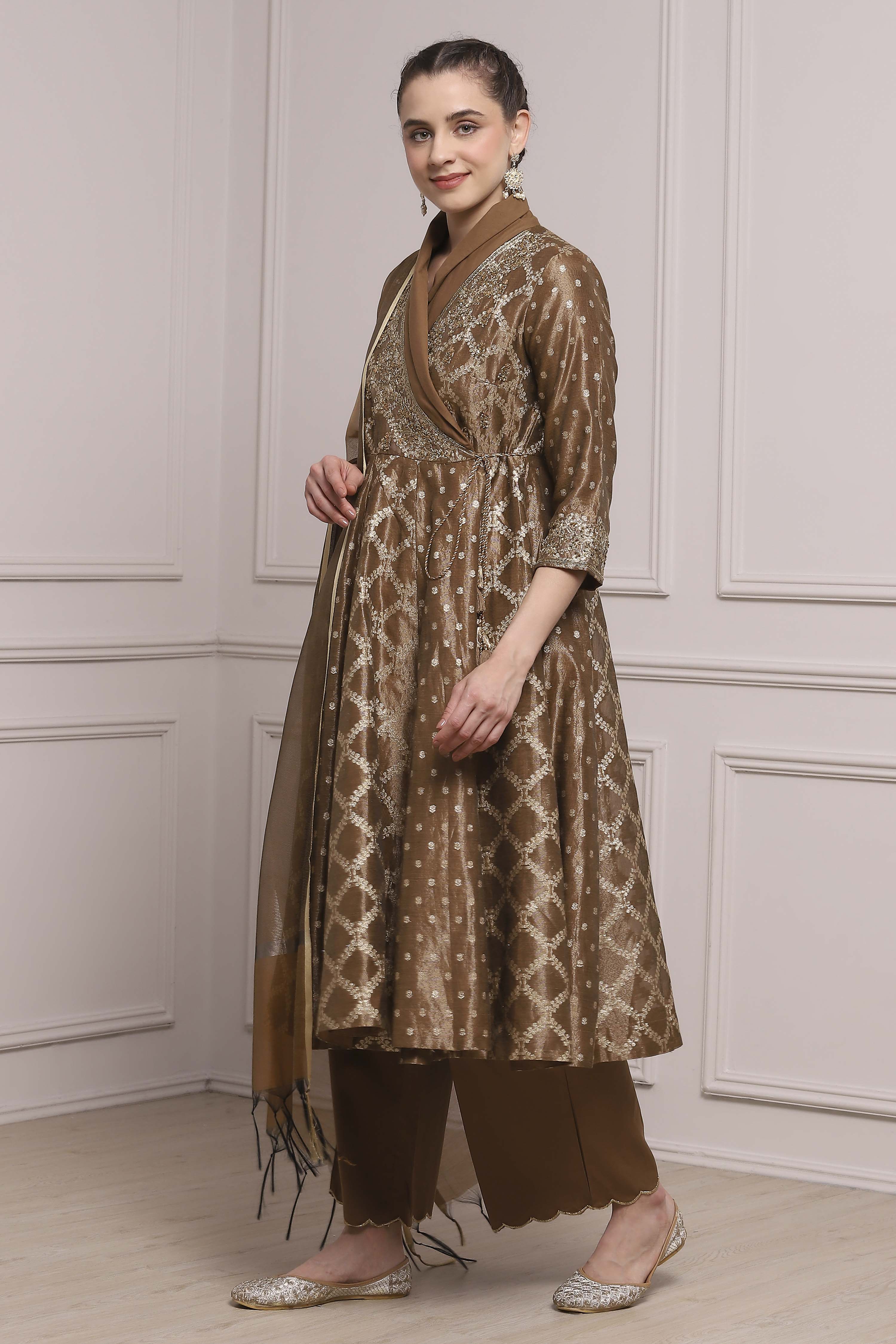 Brown Cotton Anarkali Yarndyed Suit Set image number 3