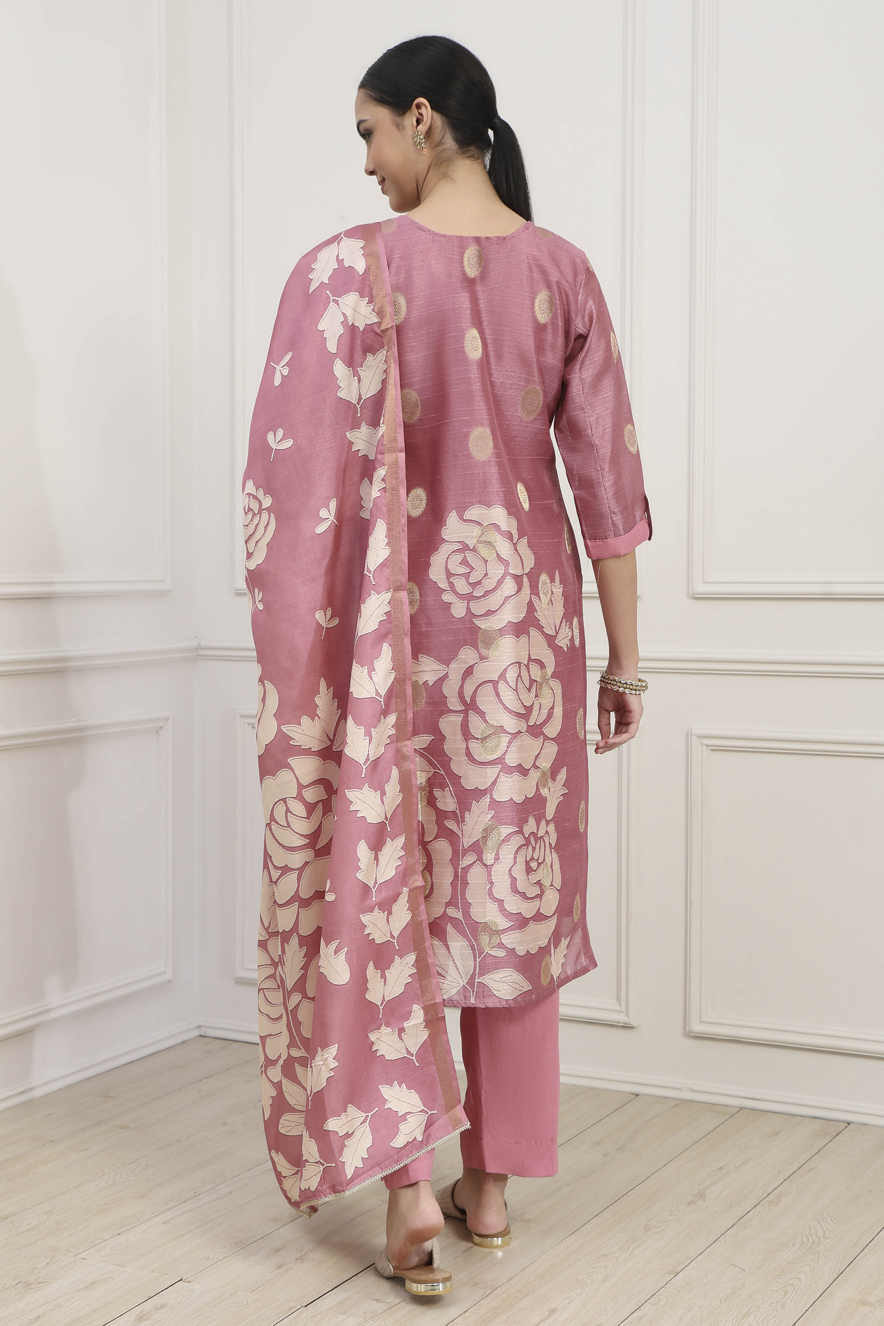 Pink Chanderi Blend Printed Embroidered Unstitched Suit Set image number 5