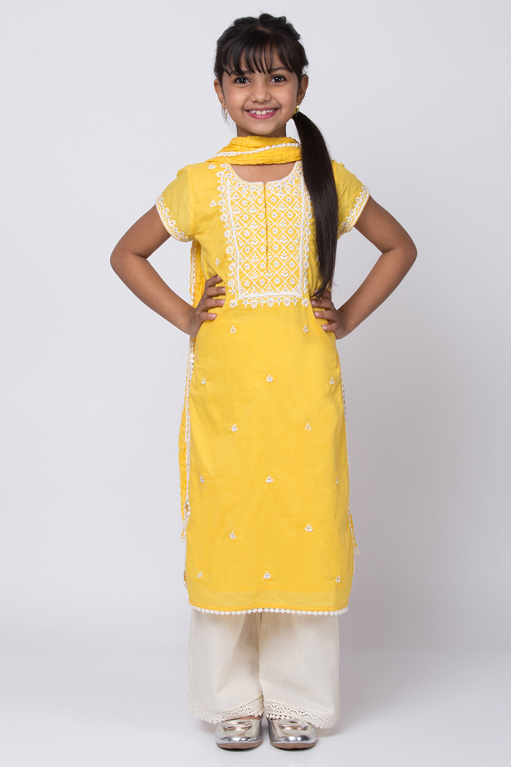 Yellow Cotton Chikankari Straight Kurta Palazzo Suit Set image number 0