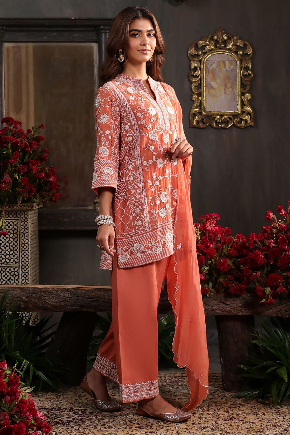 Earthy Blue Chanderi Embroidered Straight Suit Set image number 5