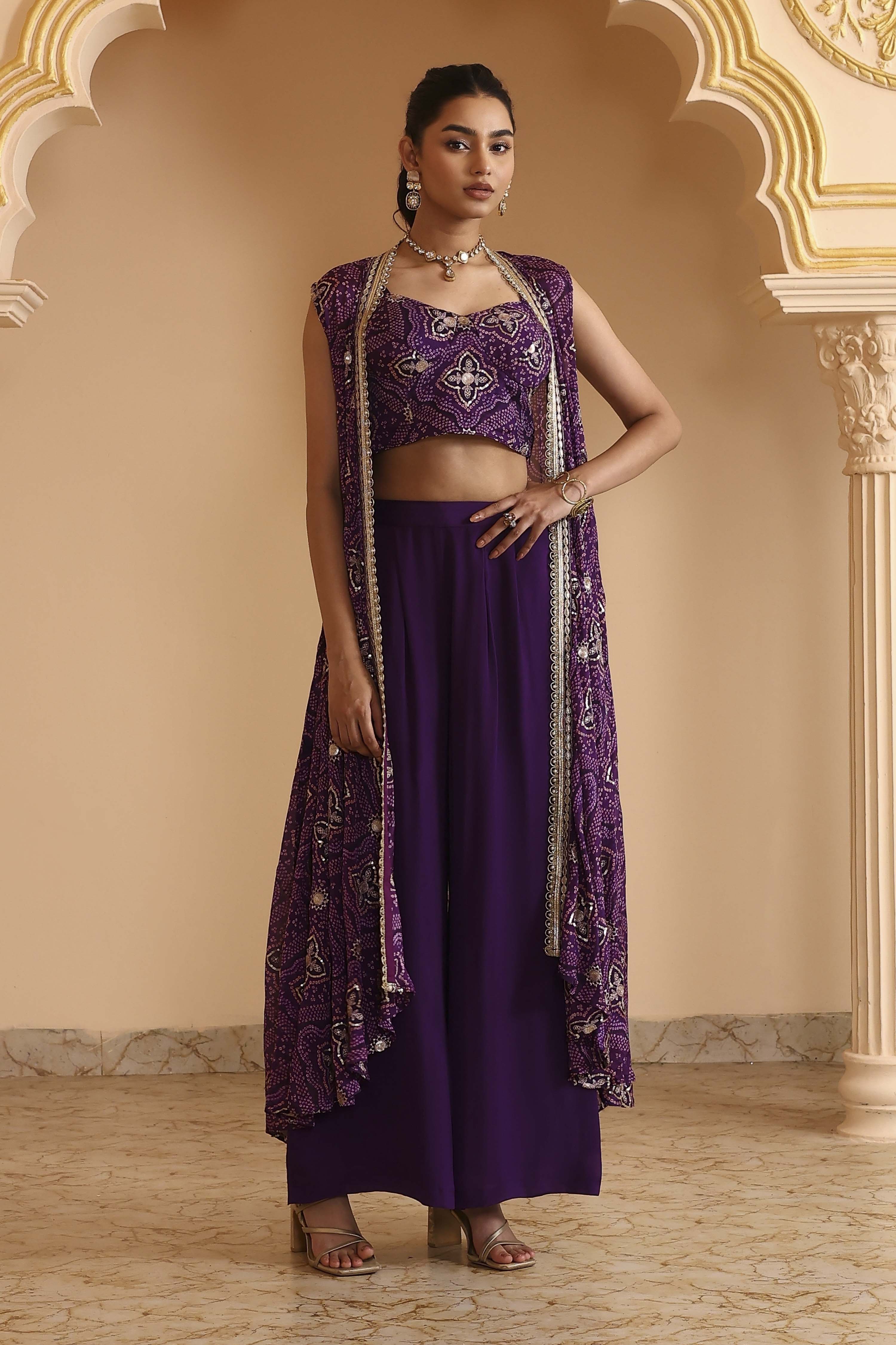 Purple Pure Chinnon Bandhani Printed Fusion Set image number 6