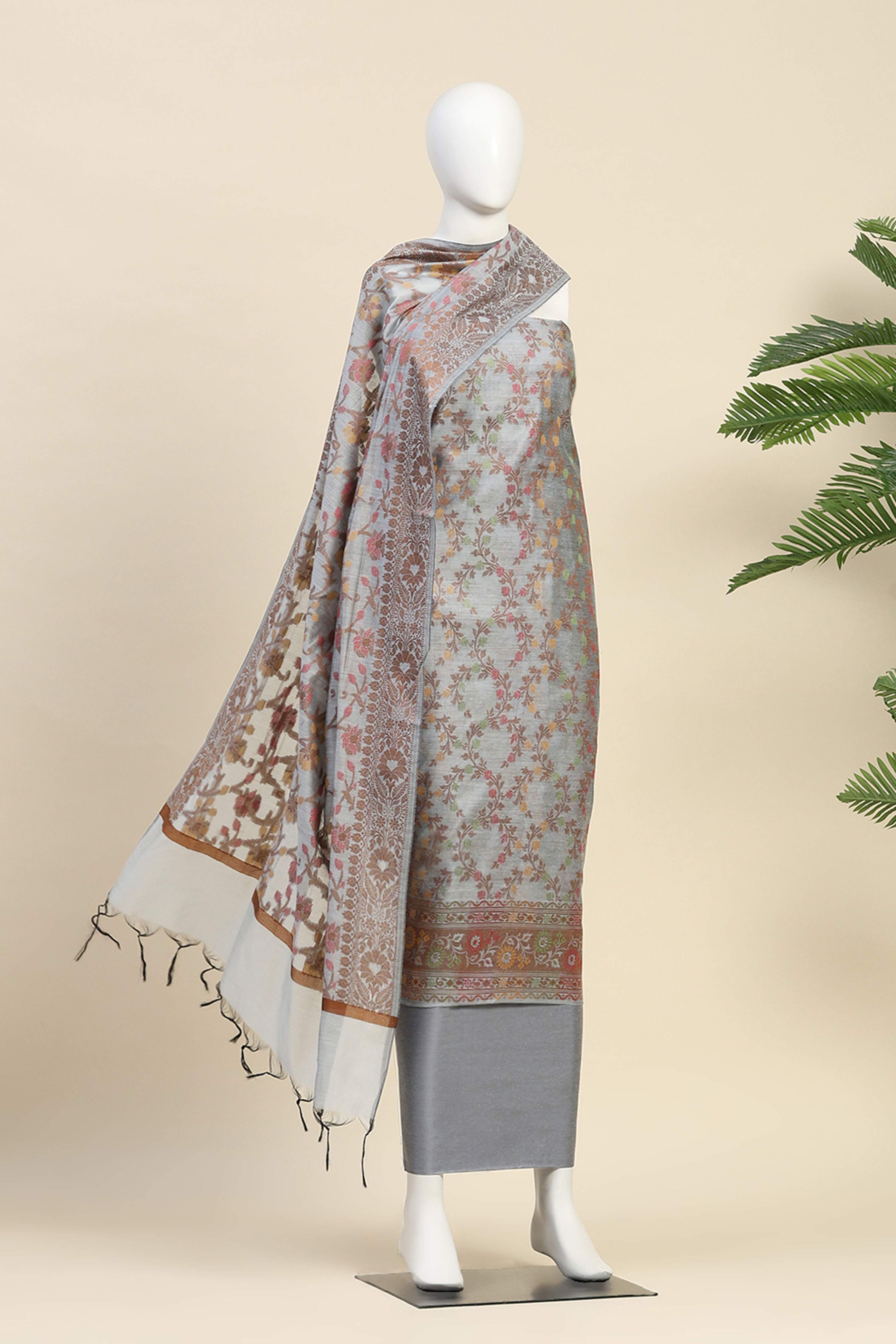 Grey Cotton Printed Embroidered Unstitched Suit Set image number 4