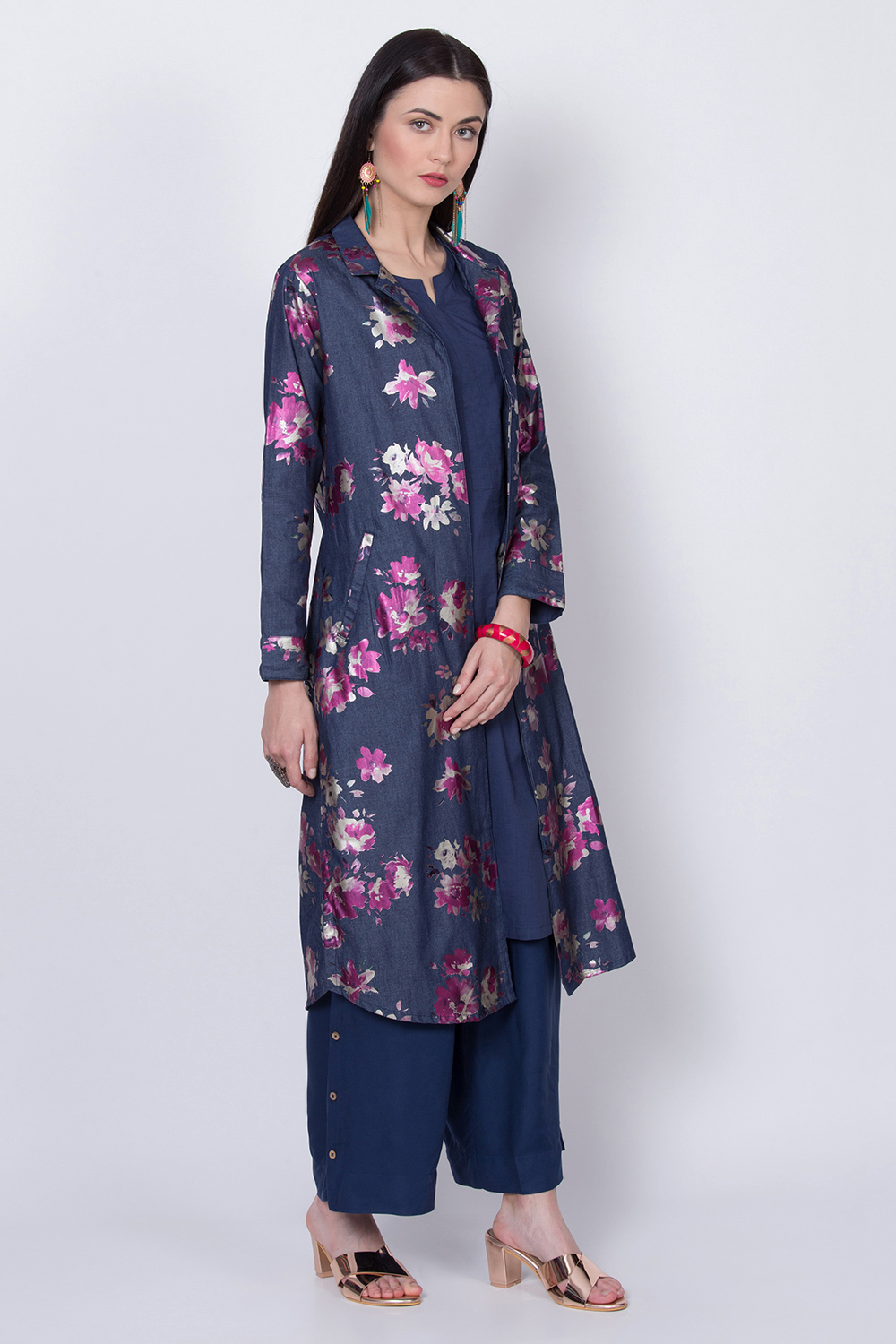 Denim Blue Cotton Front Open Printed Kurta image number 2