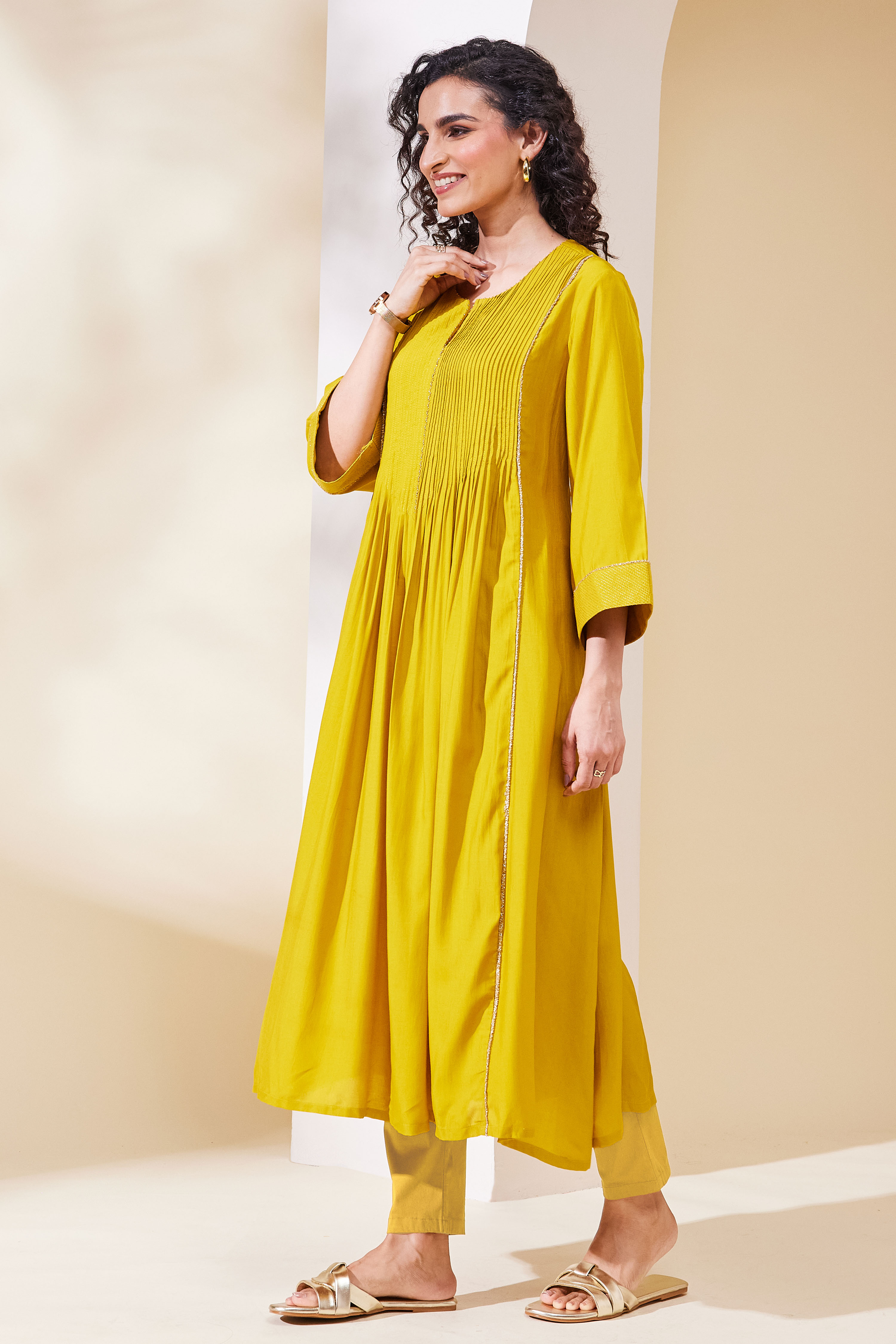 Mustard Yellow Viscose Blend Flared Kurta image number 2